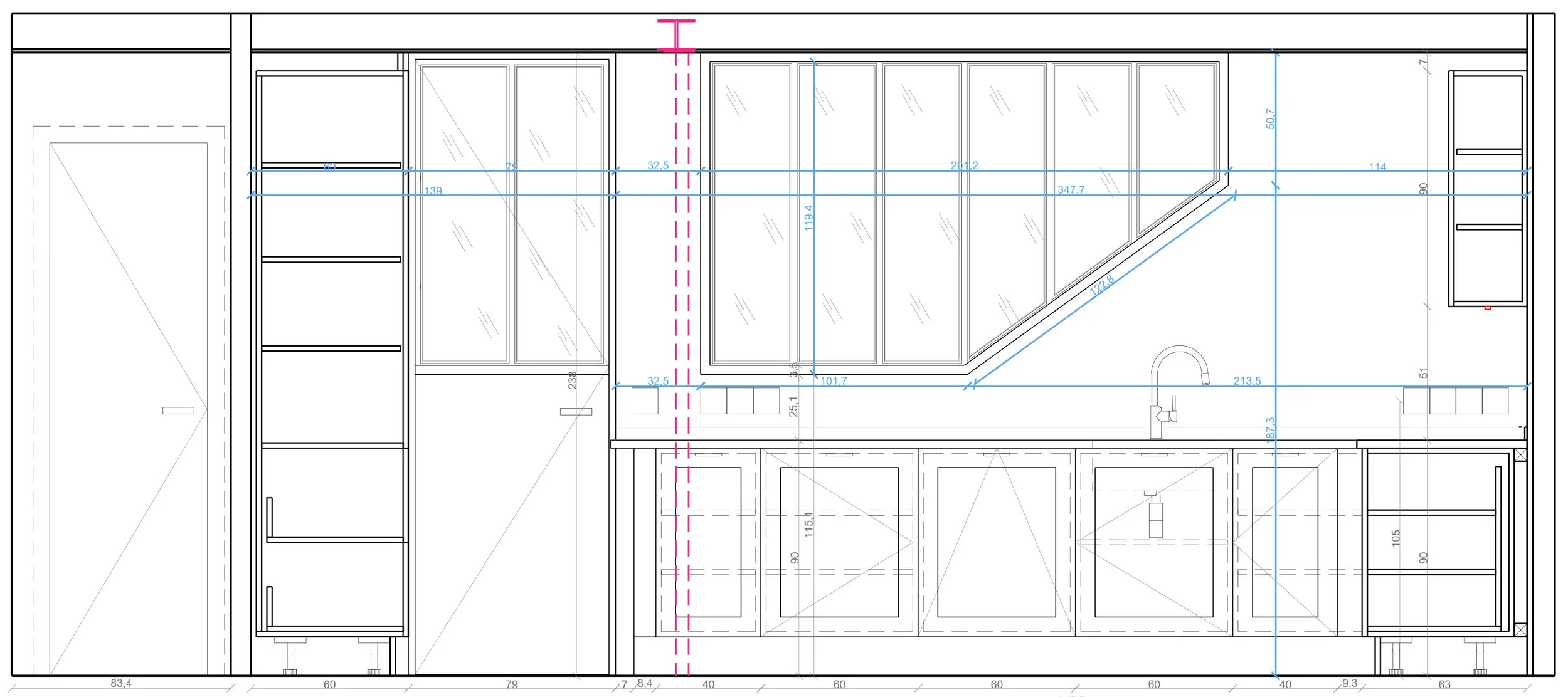   Plan-coupe de la cuisine avec verrière atelier  