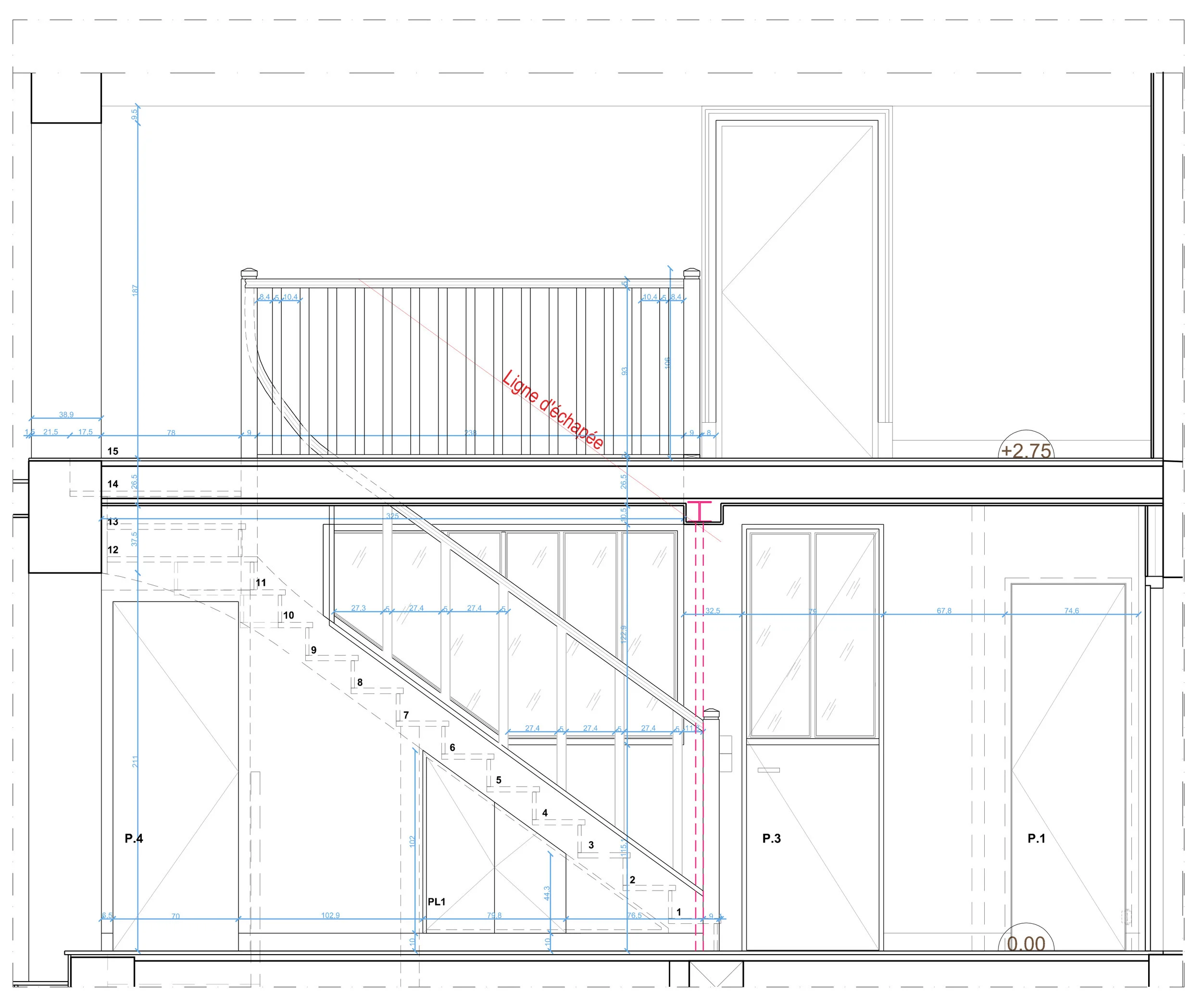   Plan élévations  de l’escalier avec verrière type atelier  