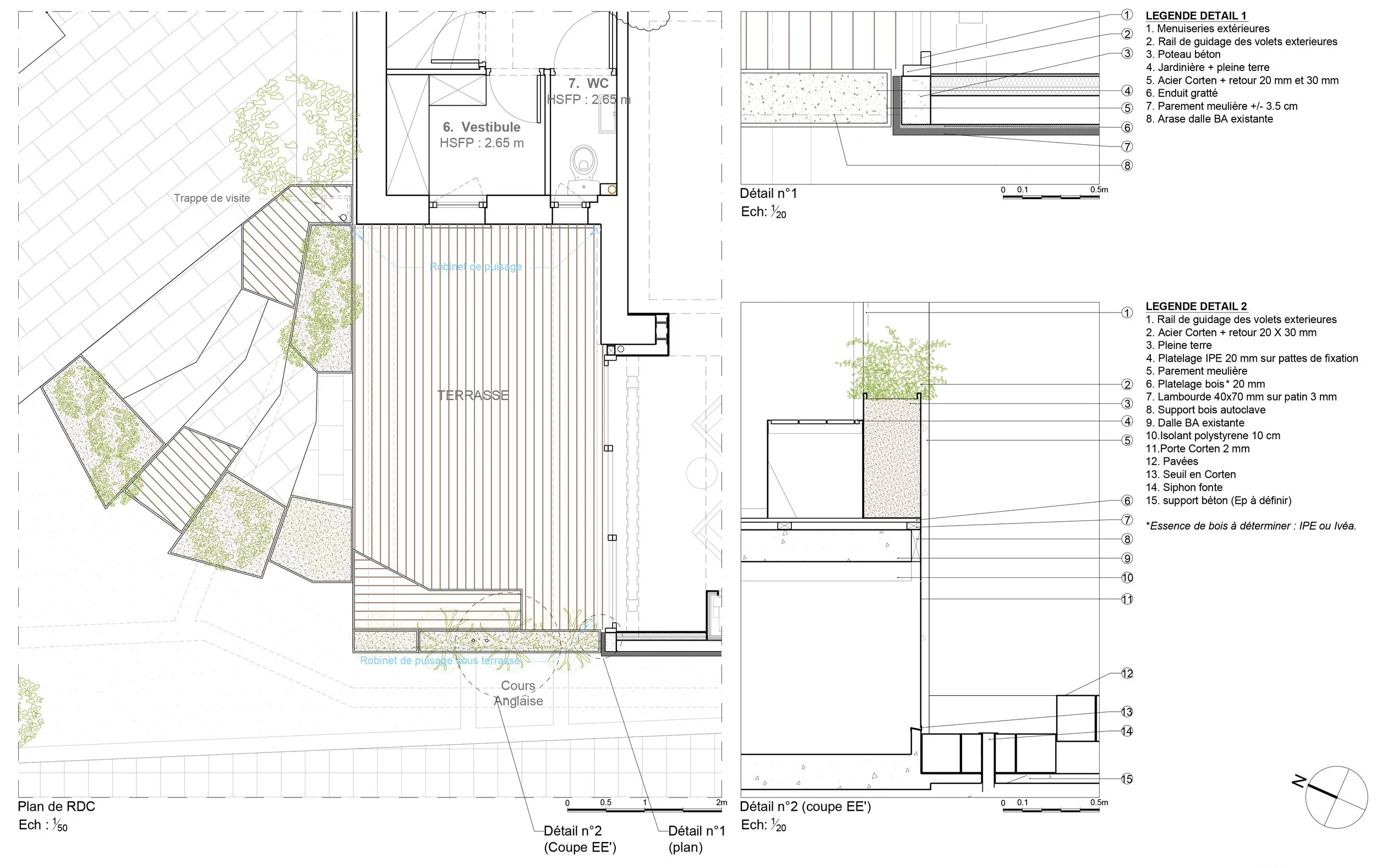   Plan et détail de la terrasse en acier Corten  
