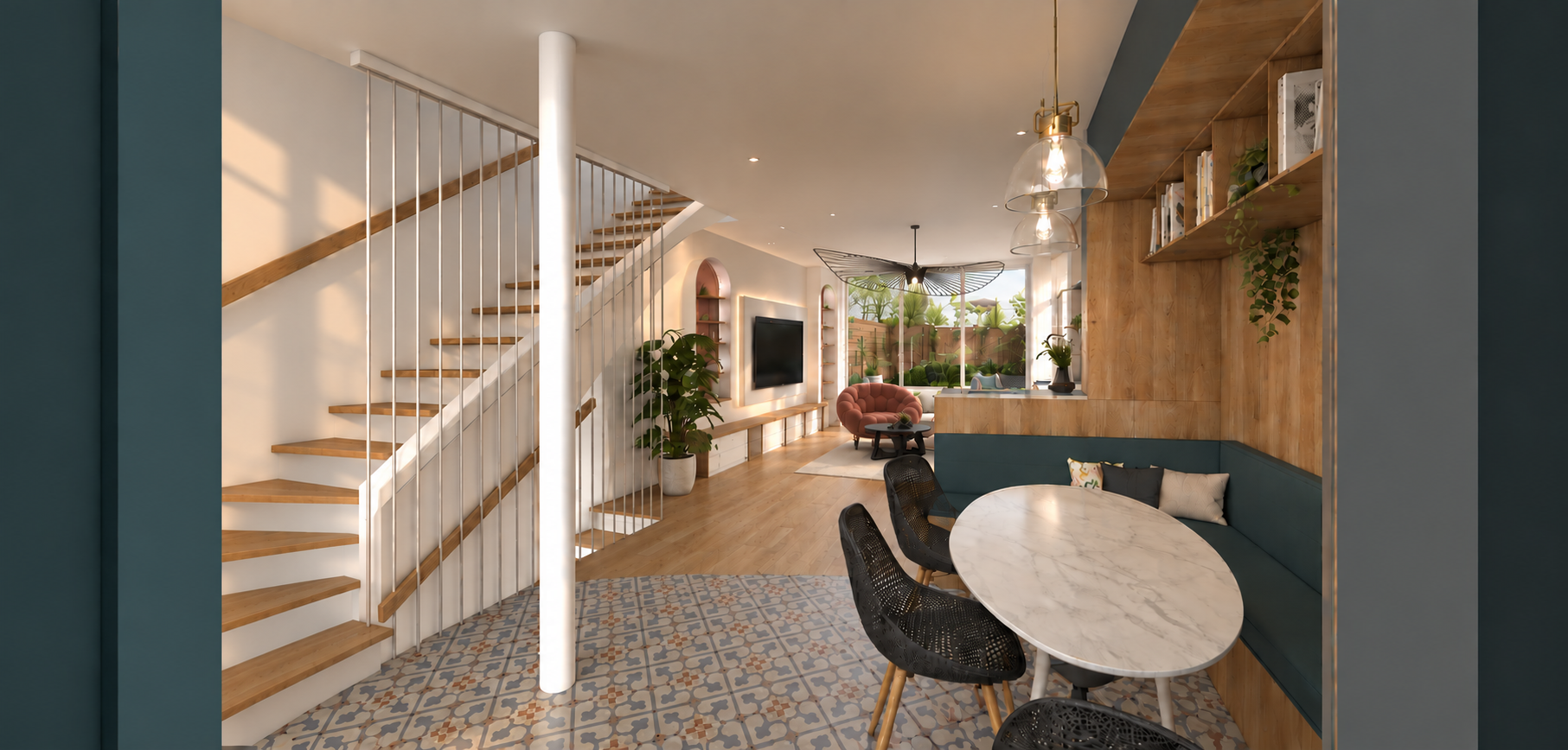   Vue 3D intérieure depuis la cuisine - salle à manger    
