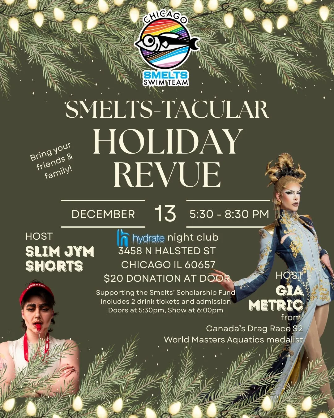 ❄️🎄⛄ Mark your calendar for Smelts-Tacular Holiday Revue! This is your chance to cheer for all the talent we have on the team: dance, sing, drag, the list goes on... We are also thrilled to announce that it will be hosted by GIA METRIC @gia.metric ,