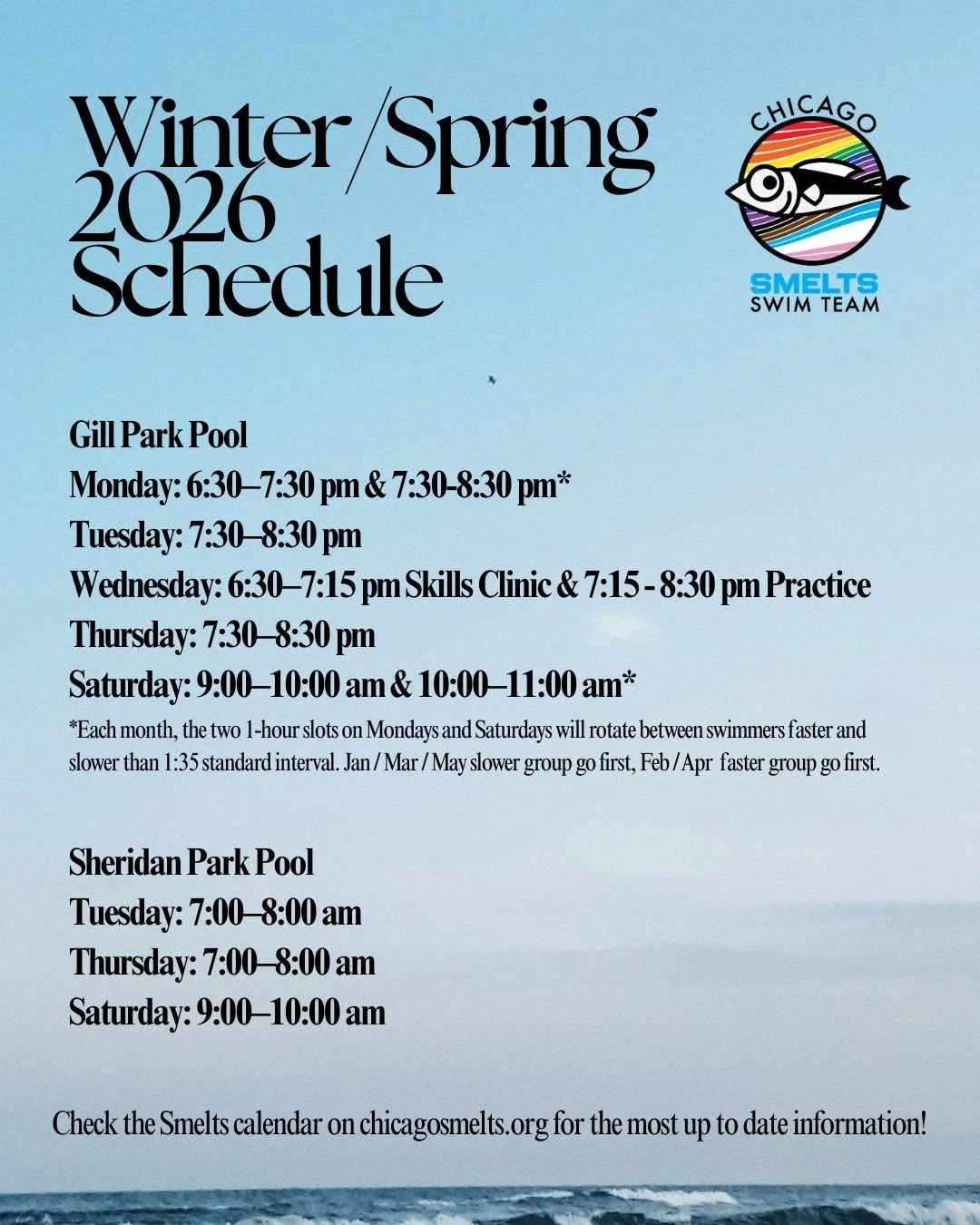 ❄ Baby it's cold outside! That's why we would love to have you join the Smelts and swim with us. We are swimming across two different locations in Chicago with our latest practice schedule: Sheridan Park in UIC/Little Italy and Gill Park in Lakeview/
