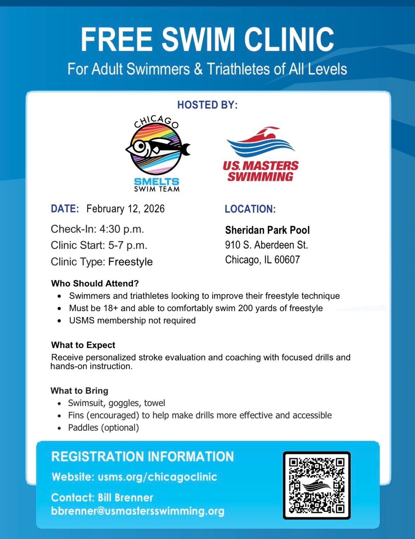 Come join the Smelts for a free swim clinic at Sheridan Park on Feb 12! This clinic is perfect for swimmers and triathletes looking to improve their freestyle technique. See you there!