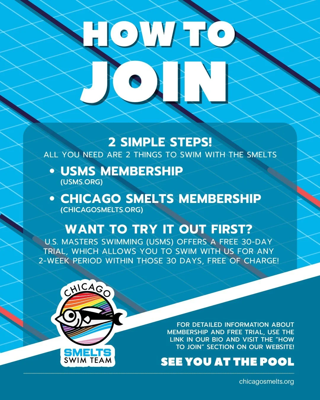2 simple steps to join the Chicago Smelts! If you have any questions, don't hesitate to DM us on Instagram. We are excited to have you on our team 🏊🏊&zwj;♀️🏊&zwj;♂️ #swimming #mastersswimming #lgbtq #lgbtqia #lgbt🌈