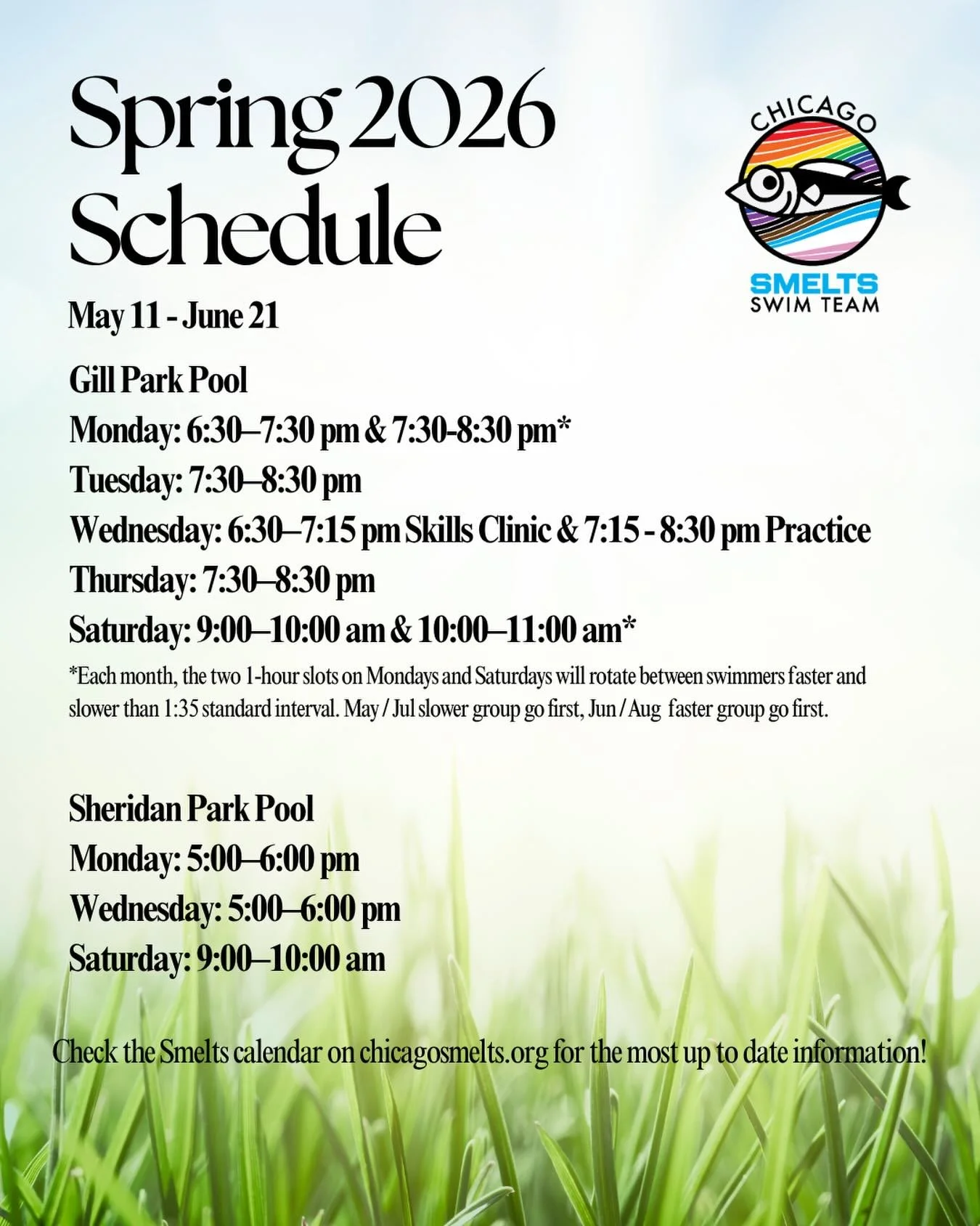 New Practice Schedule for Sheridan Park!

🏊&zwj;♂️🏊🏊&zwj;♀️

Welcome to spring! We are expecting schedule changes in the next month for Sheridan Park only, in effect from 5/11. Gill Park schedule remains the same (for now). 

Remember, always refe