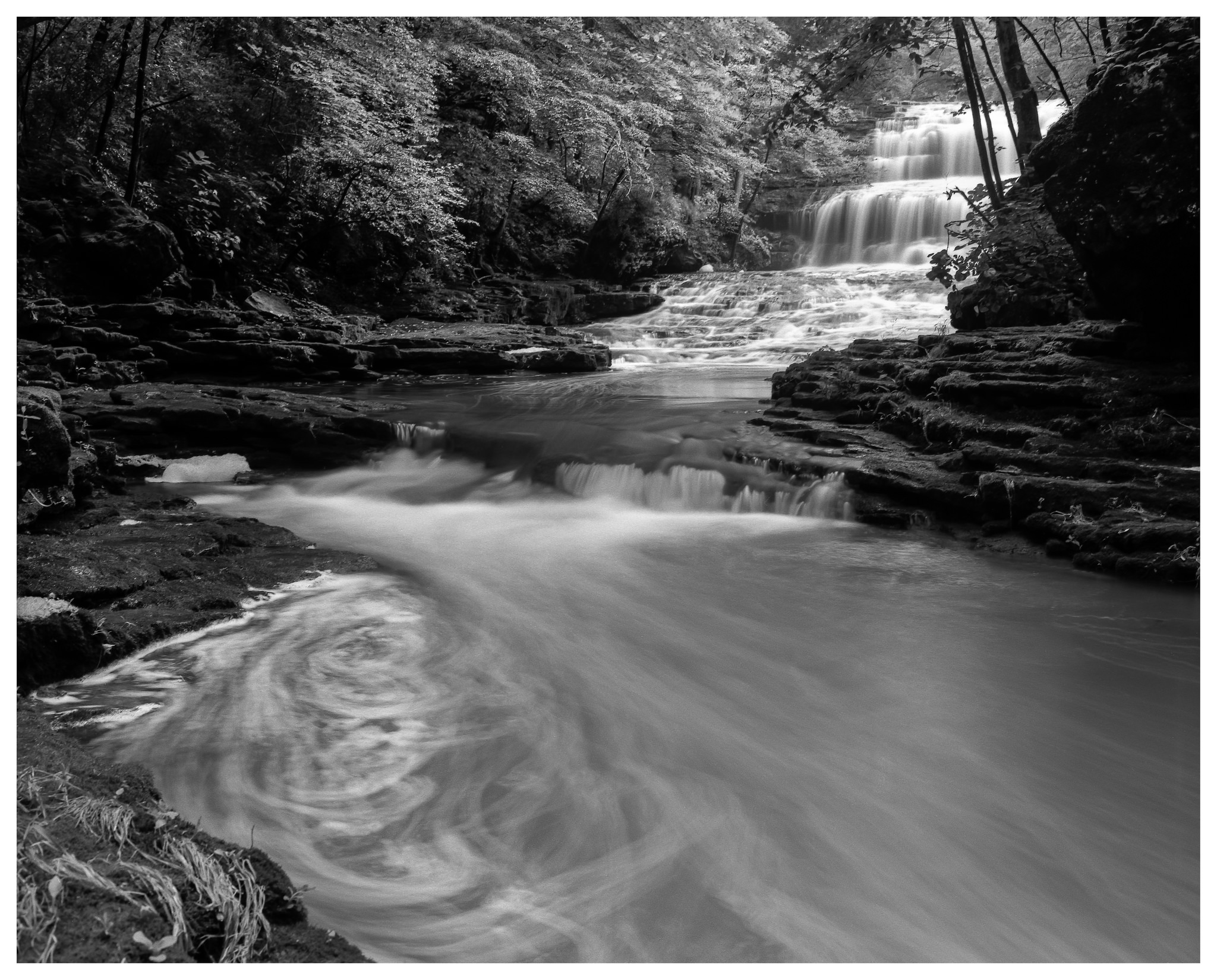 Fallsville Falls – Mamiya RB67 ProS w/50mm lens, polarizer, and 4-stop ND filter on Kodak Tmax 100 film @ f/16, 60 seconds
