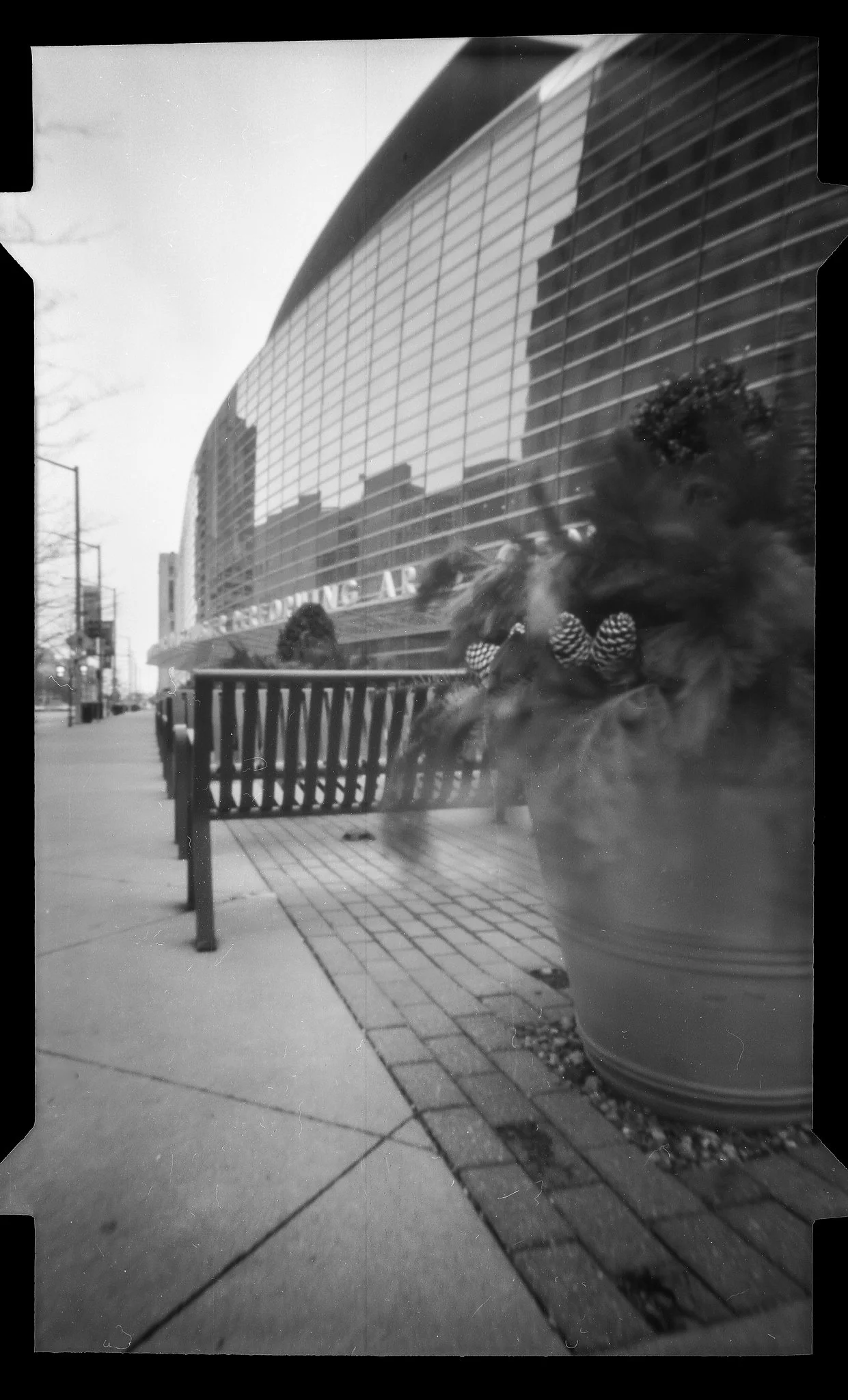Schuster Center, Dayton on a windy morning - NOON 612 Pinhole Camera on Fuji ACROS 100 film