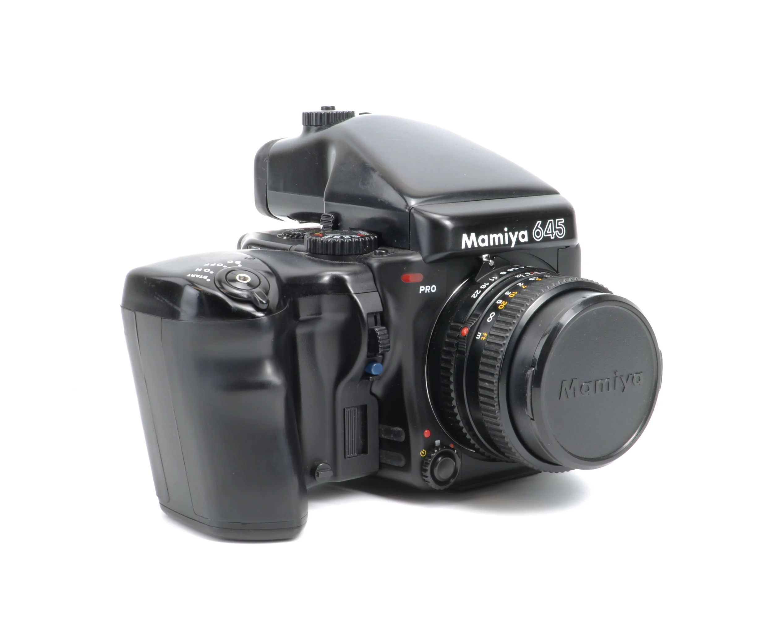 My Mamiya 645 Pro with grip and metered prism finder. This is a nice, fairly compact medium format set-up that works great for street photography. Drawbacks? Manual Focus and weight.