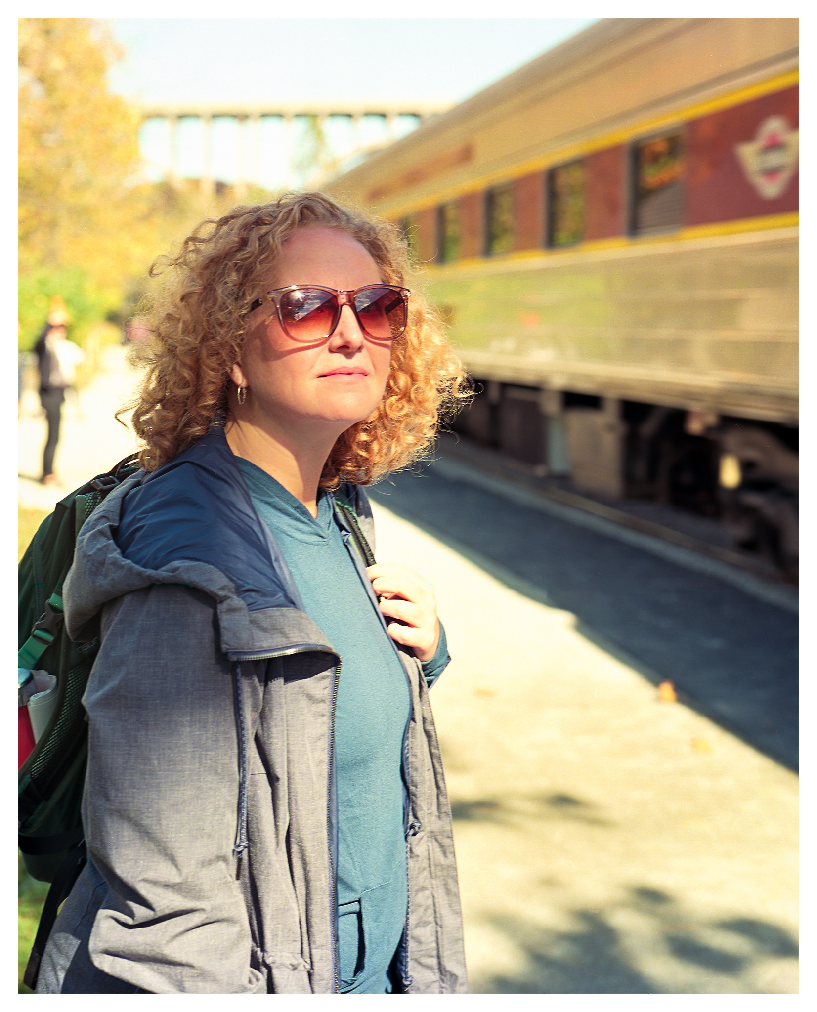 Renee after we were dropped off by the train. If you look closely you can see the Station Road Bridge in the background that was in one of the earlier shots. Mamiya Pro 645 camera w/35mm f/3.5 lens on Ektar film.