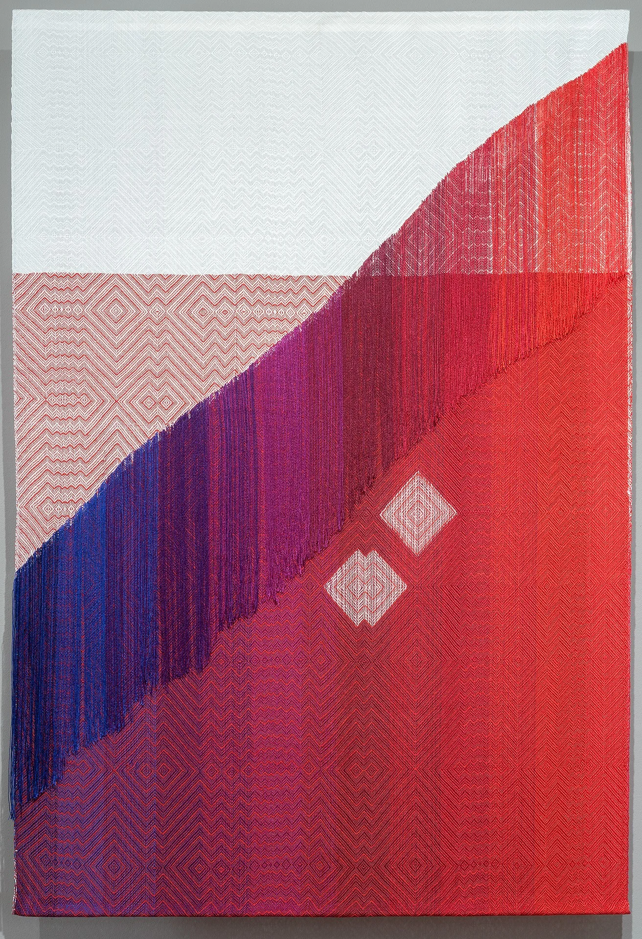 Title: White Diamonds Handwoven Textile Size: 37” wide x 47” long Medium: Hand-painted, hand-woven Materials: tencel Retail Cost: $6,000 To purchase this piece, please click on this link .