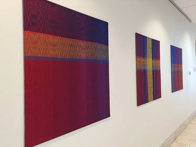 Navy to Red/Royal to Orange Geometric Three Woven Textiles Hand-dyed, hand-woven tencel 37 and 1/2" wide by 40" long