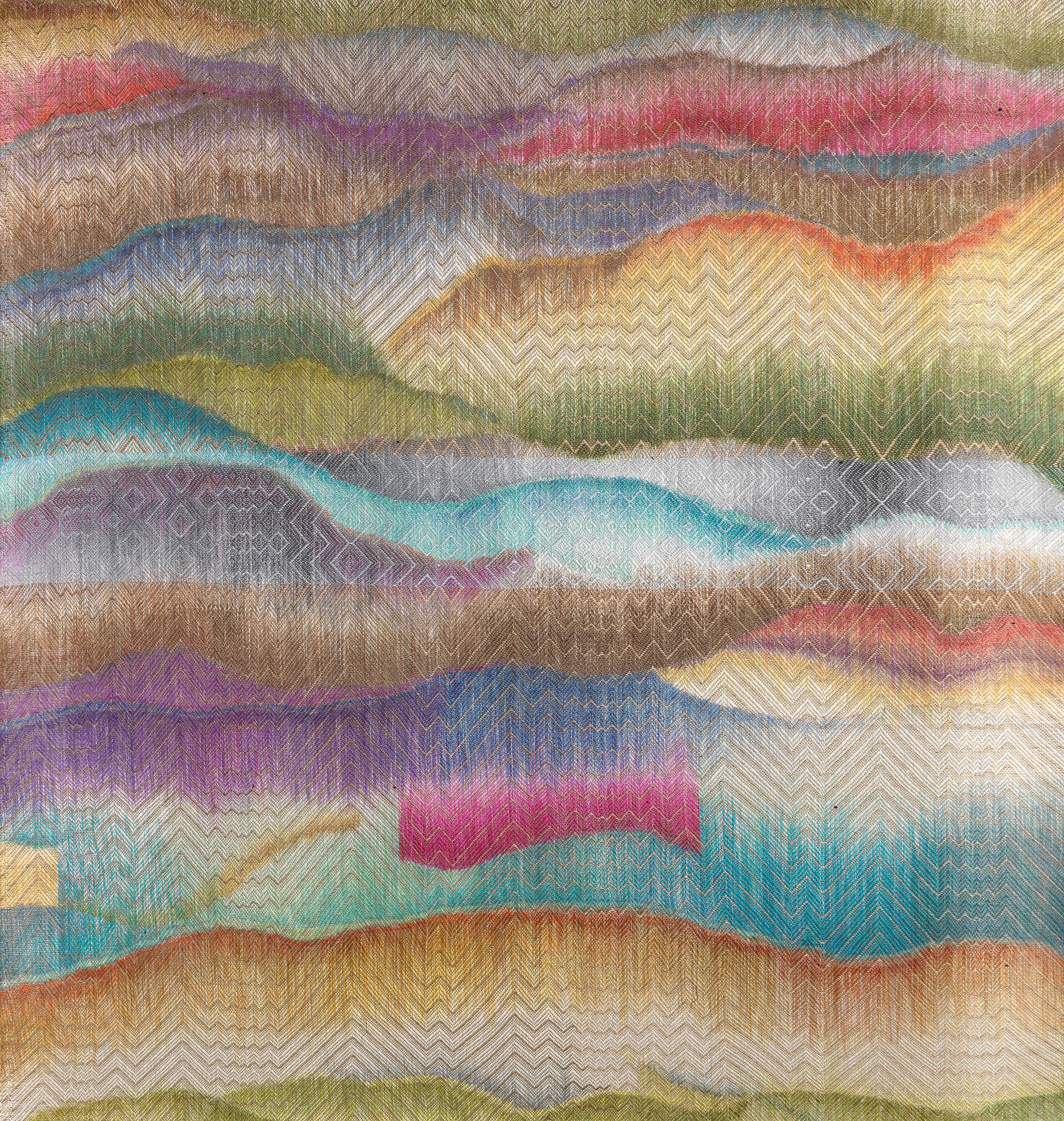 Title: Spring Aurora with Khaki and Silver Size: 37” wide x 38” long, double layer Medium: Hand-painted, hand-woven Year: 2015 Cost: $4800 To purchase this piece, please click on this link .