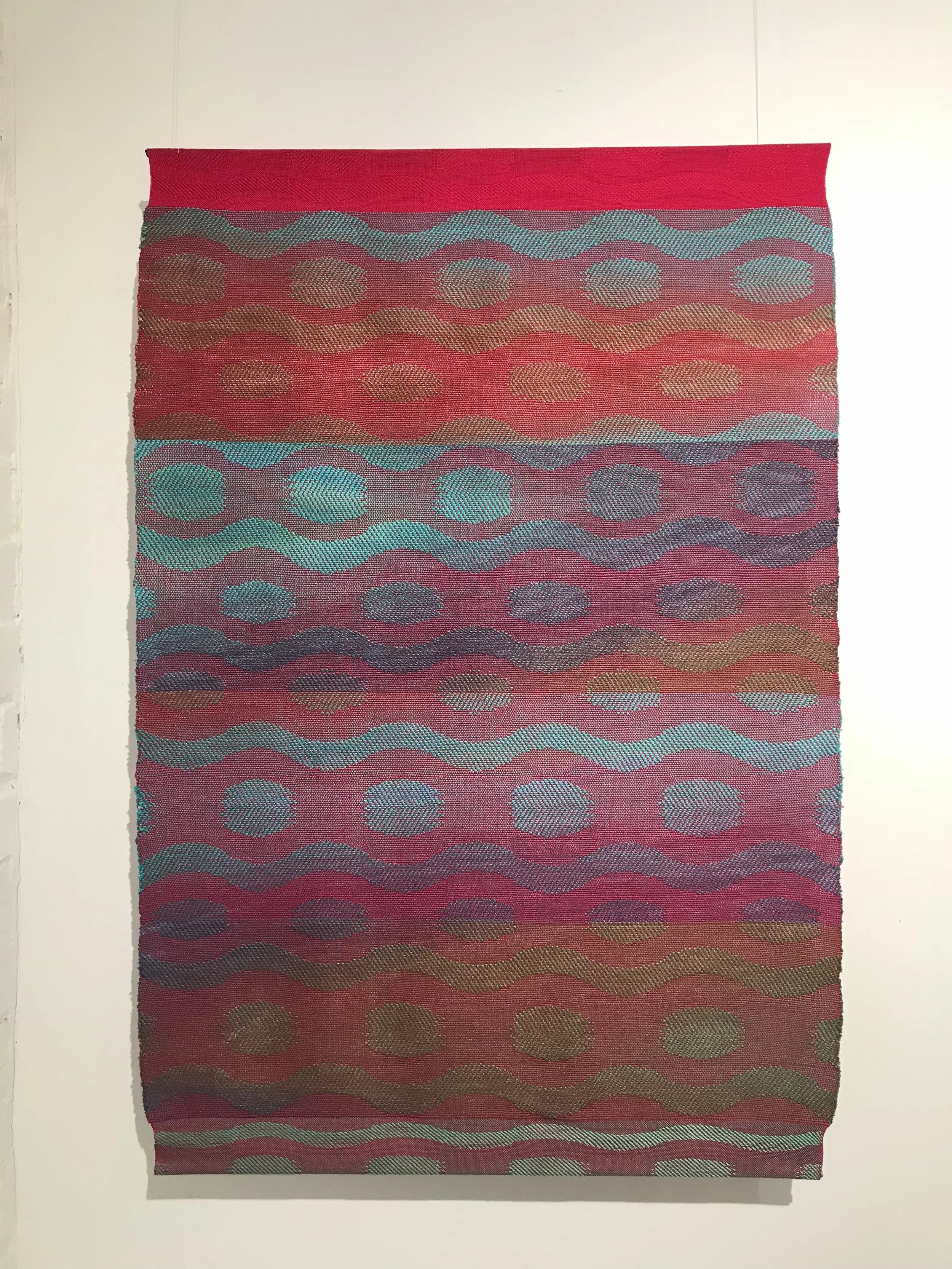 Title: Aqua-Brown-Navy Inlay #4 with Aqua Size: 24” wide x 38” long Medium: Hand-painted, hand-woven, double weave inlay Materials: tencel Cost: $5,200 To purchase this piece, please click on this link .