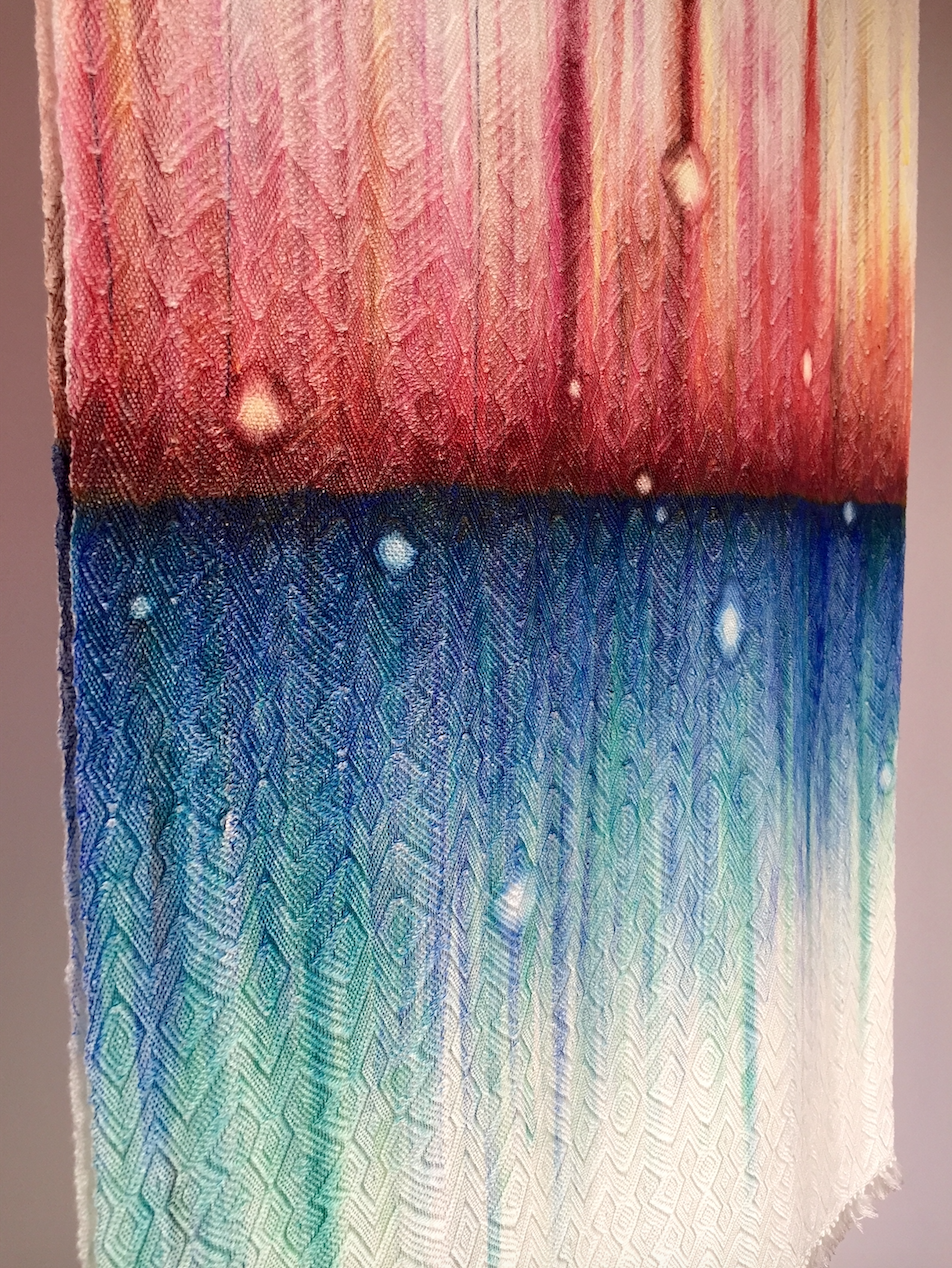 Title: Across the Sea Woven Wall Hanging Size: 17” wide x 30” long, double layer Medium: Hand-painted, hand-woven 2015 Cost: $850 To purchase this piece, please click on this link .