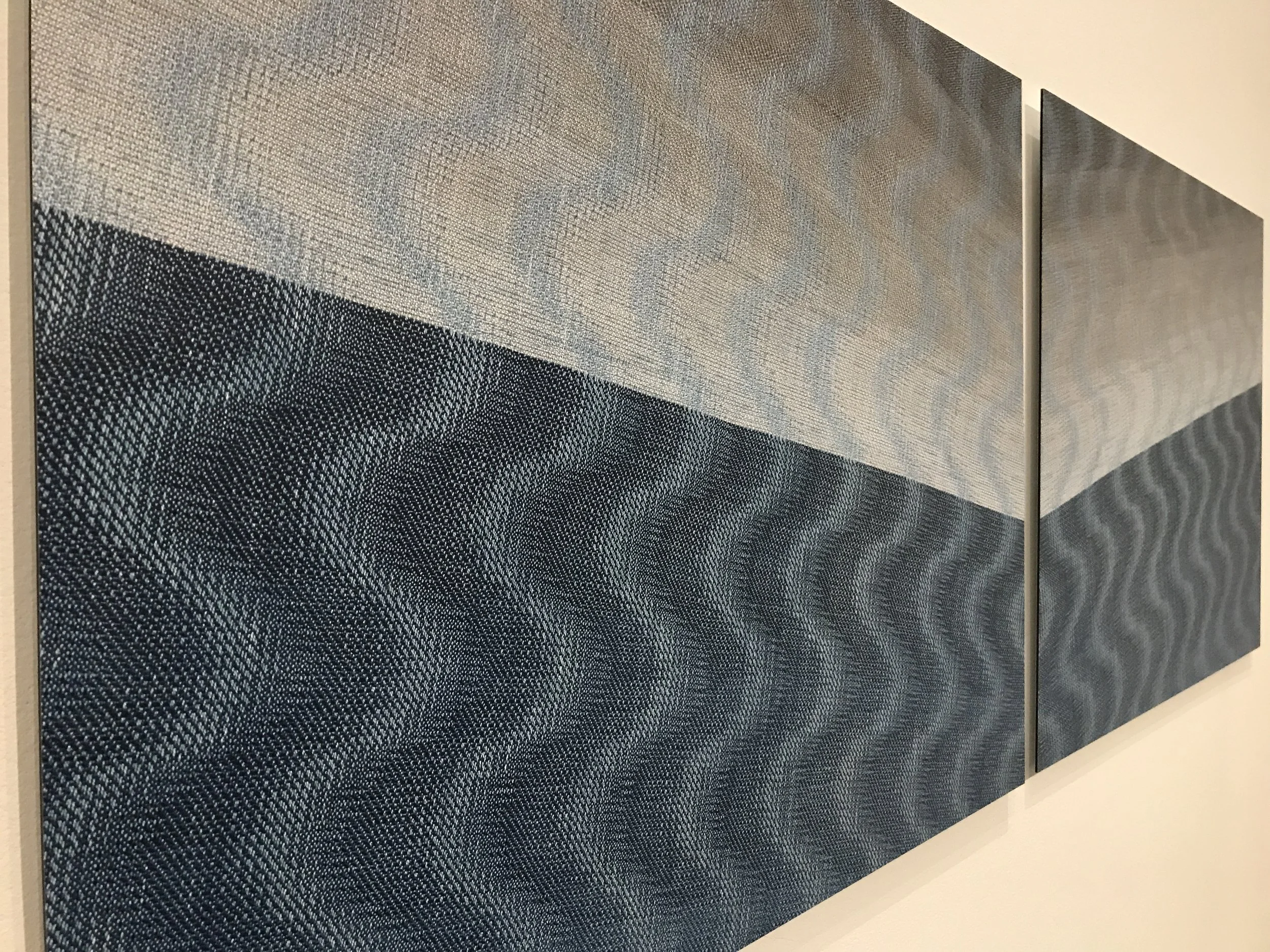  Title: Waves of Shades of Blue and Brown  Size: 64” wide x 25” long each  Medium: woven print Edition of 5  Materials: ink and aluminum  For process information and pricing, please contact us by clicking on this  link . 