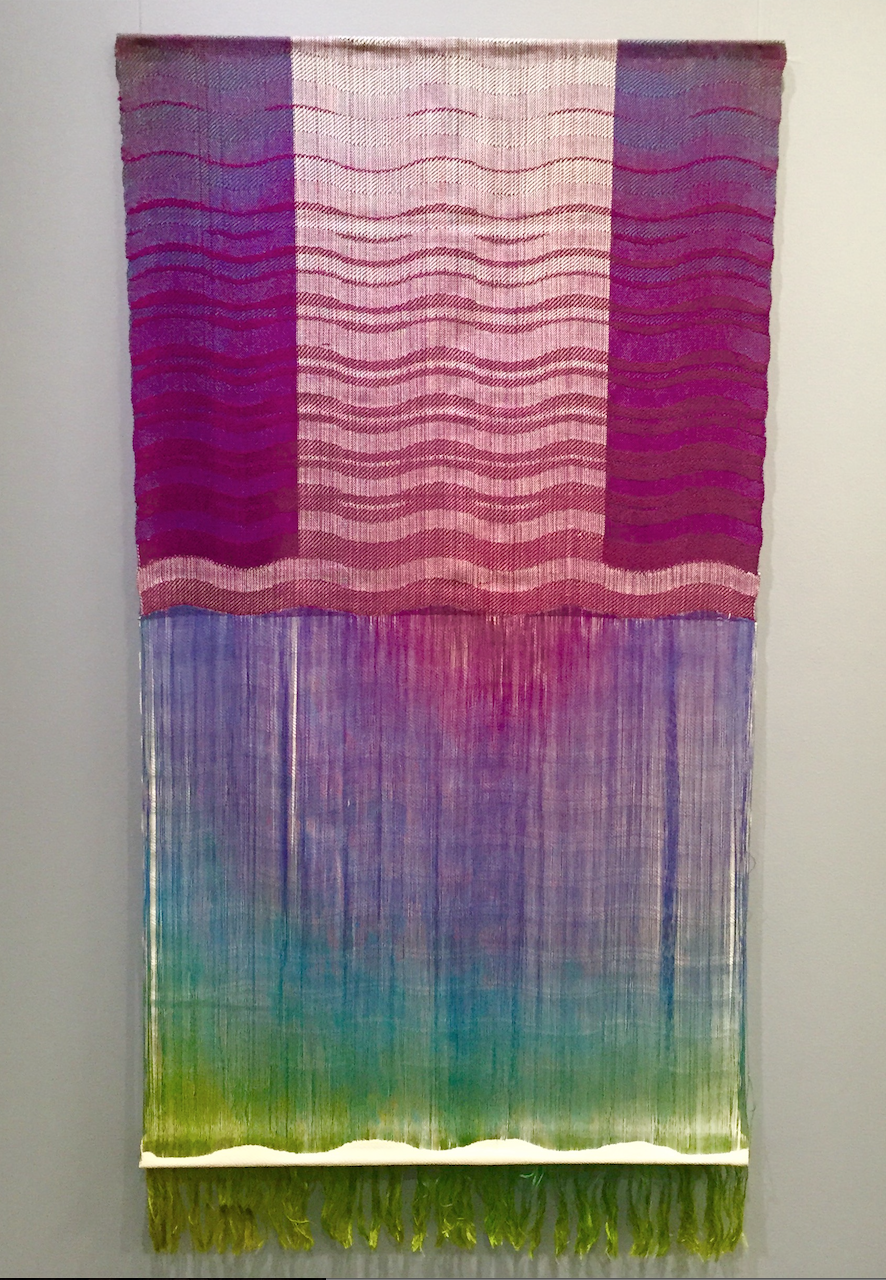 Title: Double Warp Woven Textile Size: 28” wide x 55 ” long Medium: Hand-painted, hand-woven Materials: tencel Cost: $7,800 To purchase this piece, please click on this link .