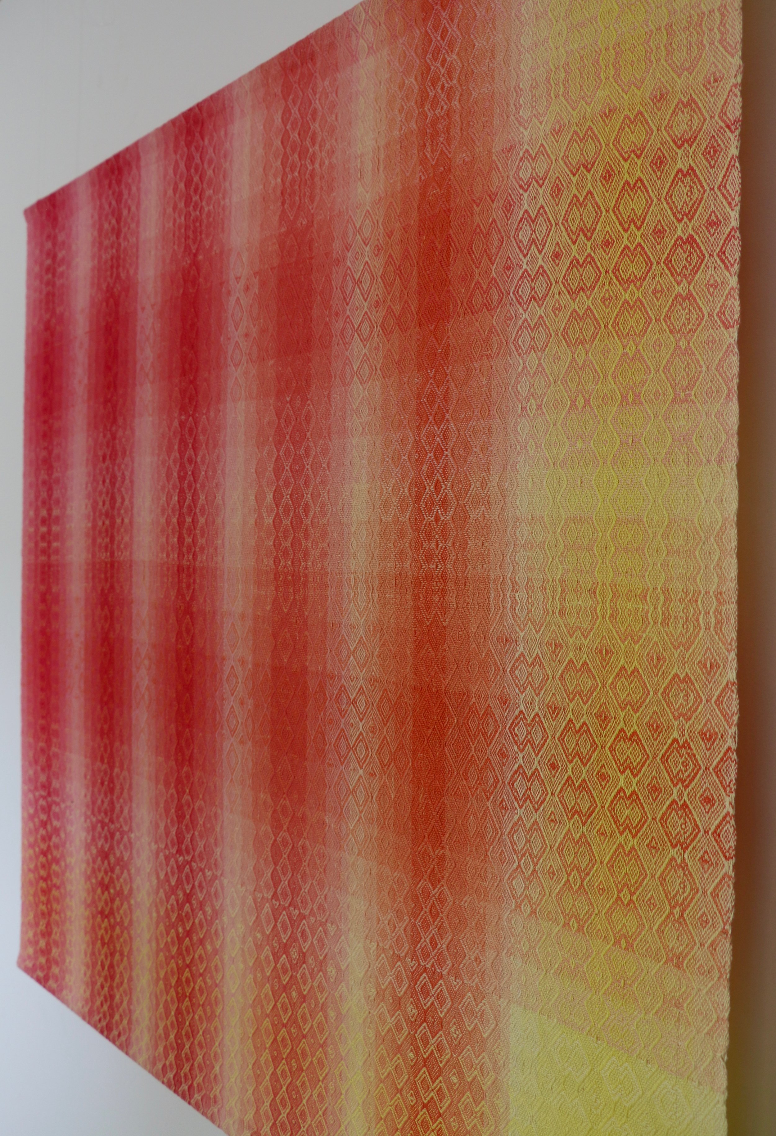  Title:  Shades of Pink, Orange and Yellow Hand Woven Panel   Size: 38” wide x 39” long  Medium: Hand-painted, hand-woven  Materials: cotton  2007  For process information and pricing, please contact us by clicking on this  link .    