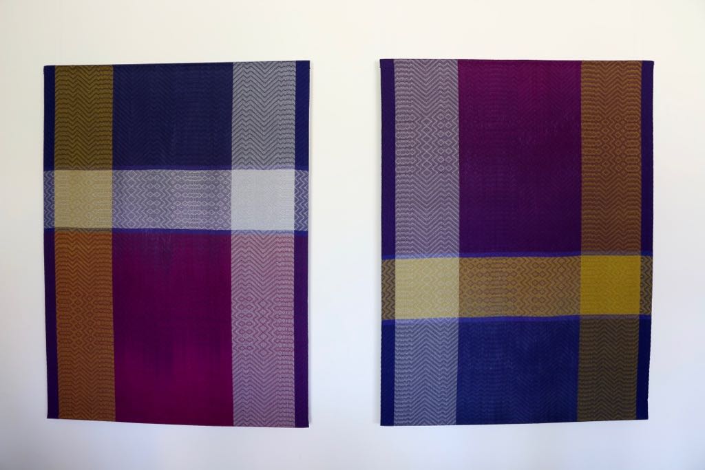  Title: Two  Gold, Shades of Purple and Silver   Size: 37” wide x 50” long each  Medium: Hand-dyed, hand-woven  Materials: tencel  For process information and pricing, please contact us by clicking on this  link .    