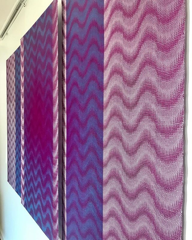 Title: Purple to Blue Interrupted by Shades of Gray Wave
Size: 28&rdquo; wide x 50 1/2&rdquo; long each
Medium: Hand-painted, hand-dyed, hand-woven
Materials: tencel