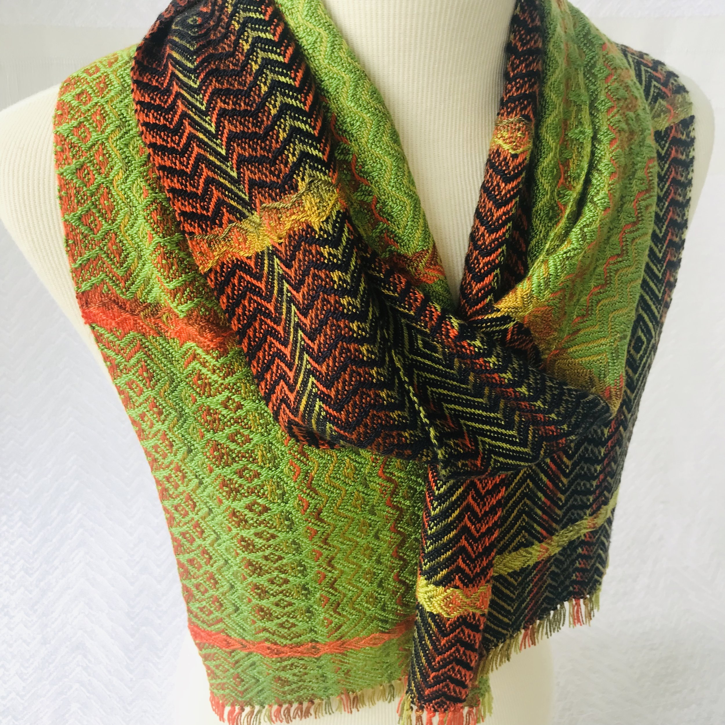  Stripes of Orange, Gold and Green with Green and Midnight Bamboo Handwoven Scarf   
