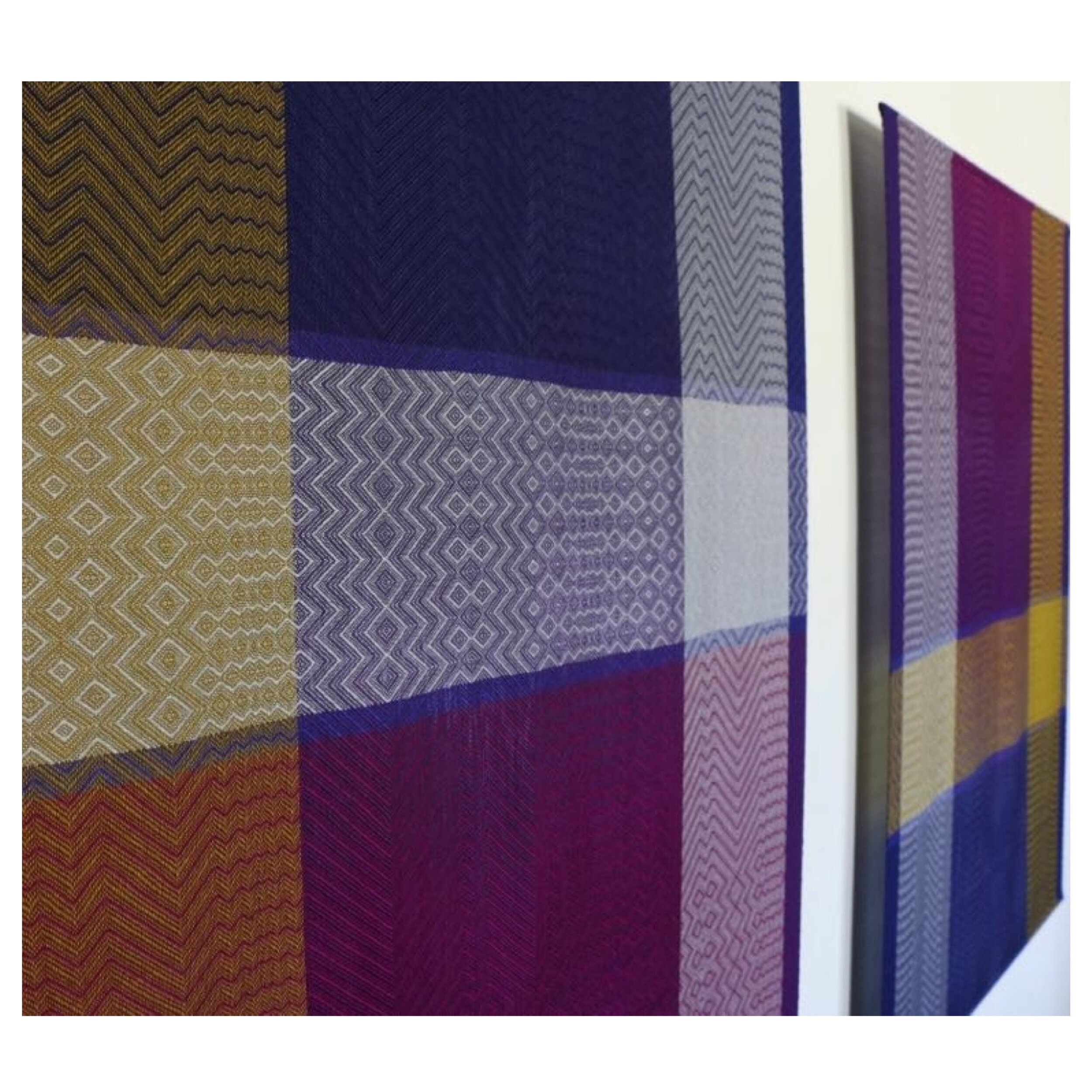  Title: Two Gold, Shades of Purple and Silver  Size: 37” wide x 50” long each  Medium: Hand-dyed, hand-woven  Materials: tencel  For process information and pricing, please contact us by clicking on this link. 
