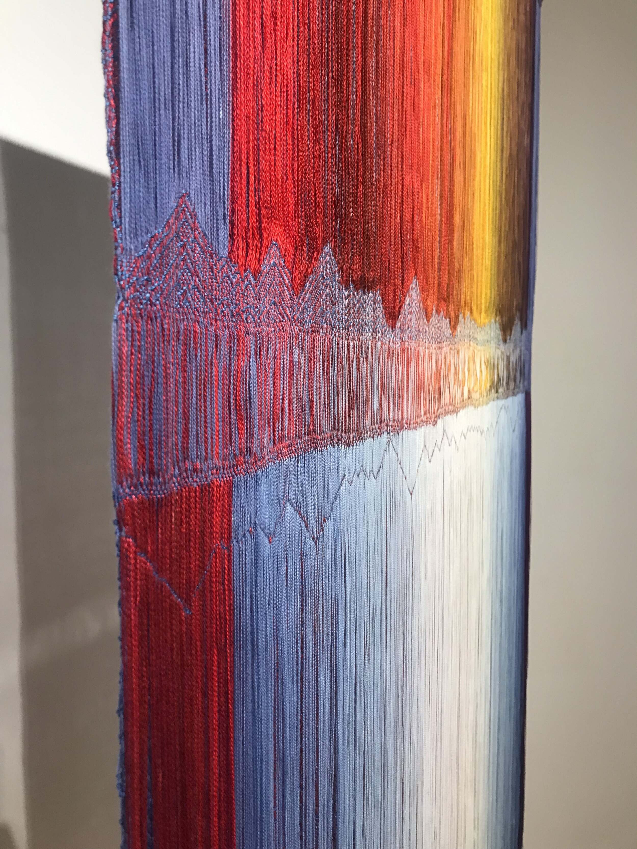  Title: Autumn Frost Open Warp Threads Woven Textile  Size: 37” wide x 68” long  Medium: Hand-dyed, hand-woven, deconstructed, rethreaded  Materials: tencel  For process information and pricing, please contact us by clicking on this link.     