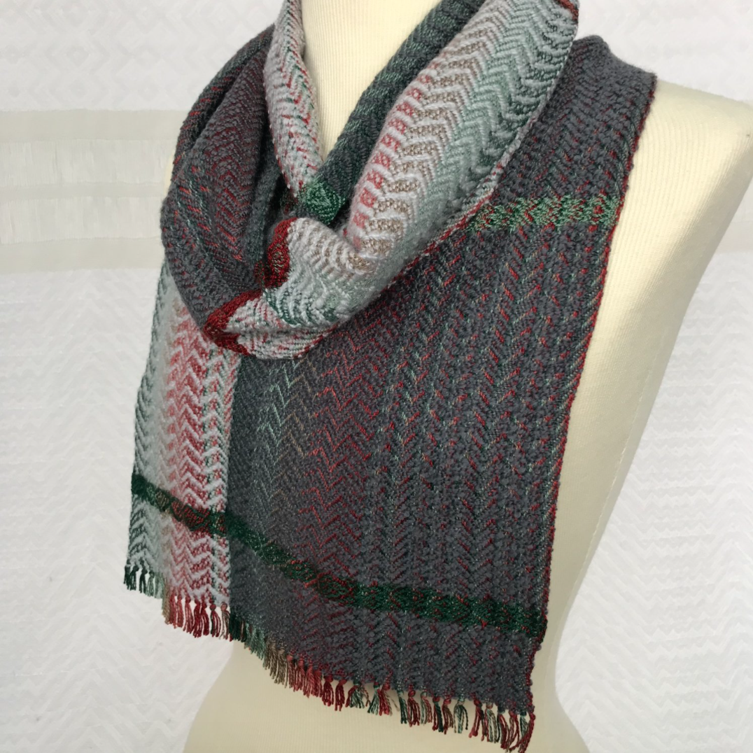  Emerald and Coral Red Stripe with Slate and Pale Gray Merino/Tencel Handwoven Scarf   