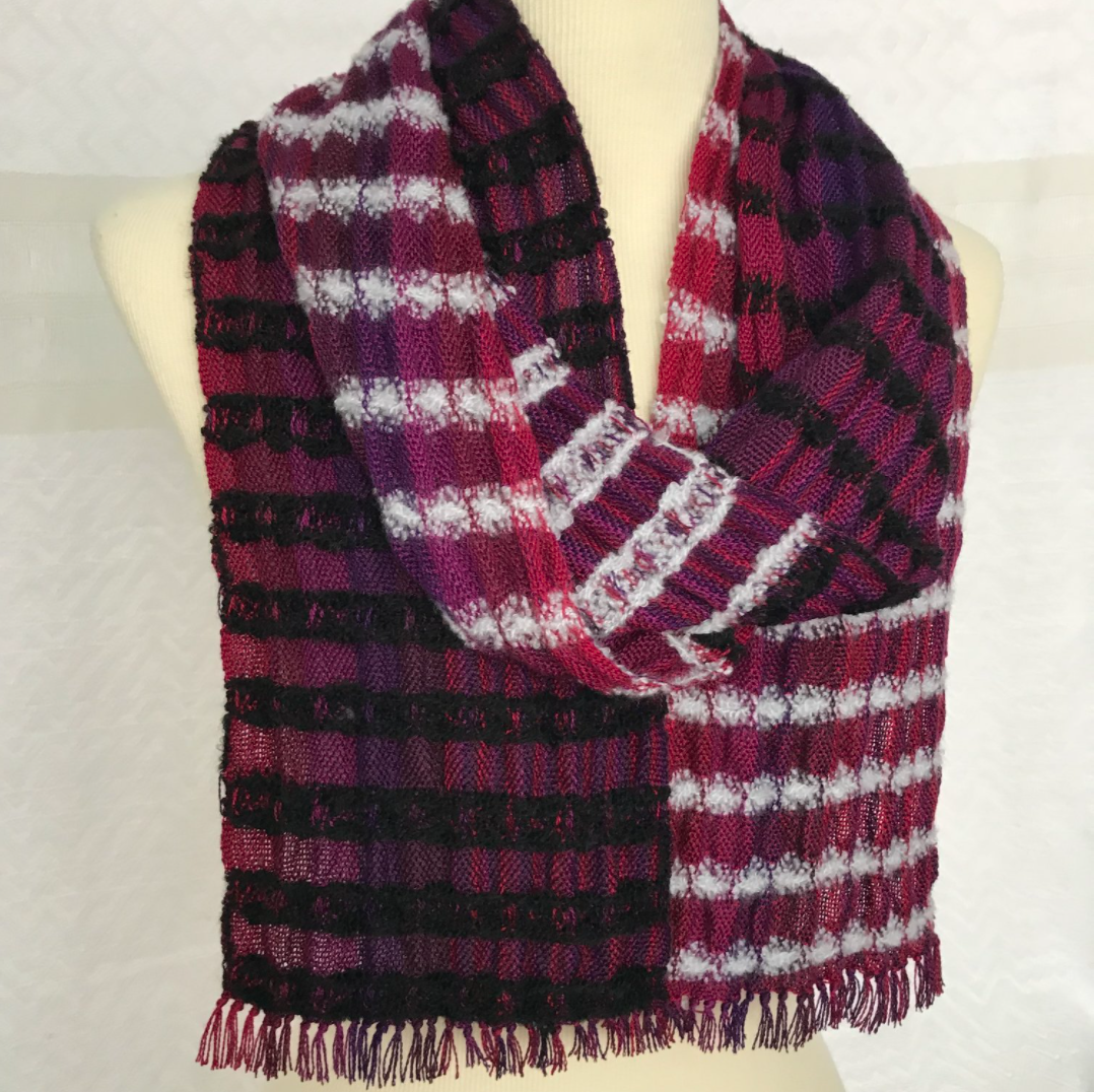  Reds and Purple Stripes with Black and Pale Gray Merino Handwoven Scarf   