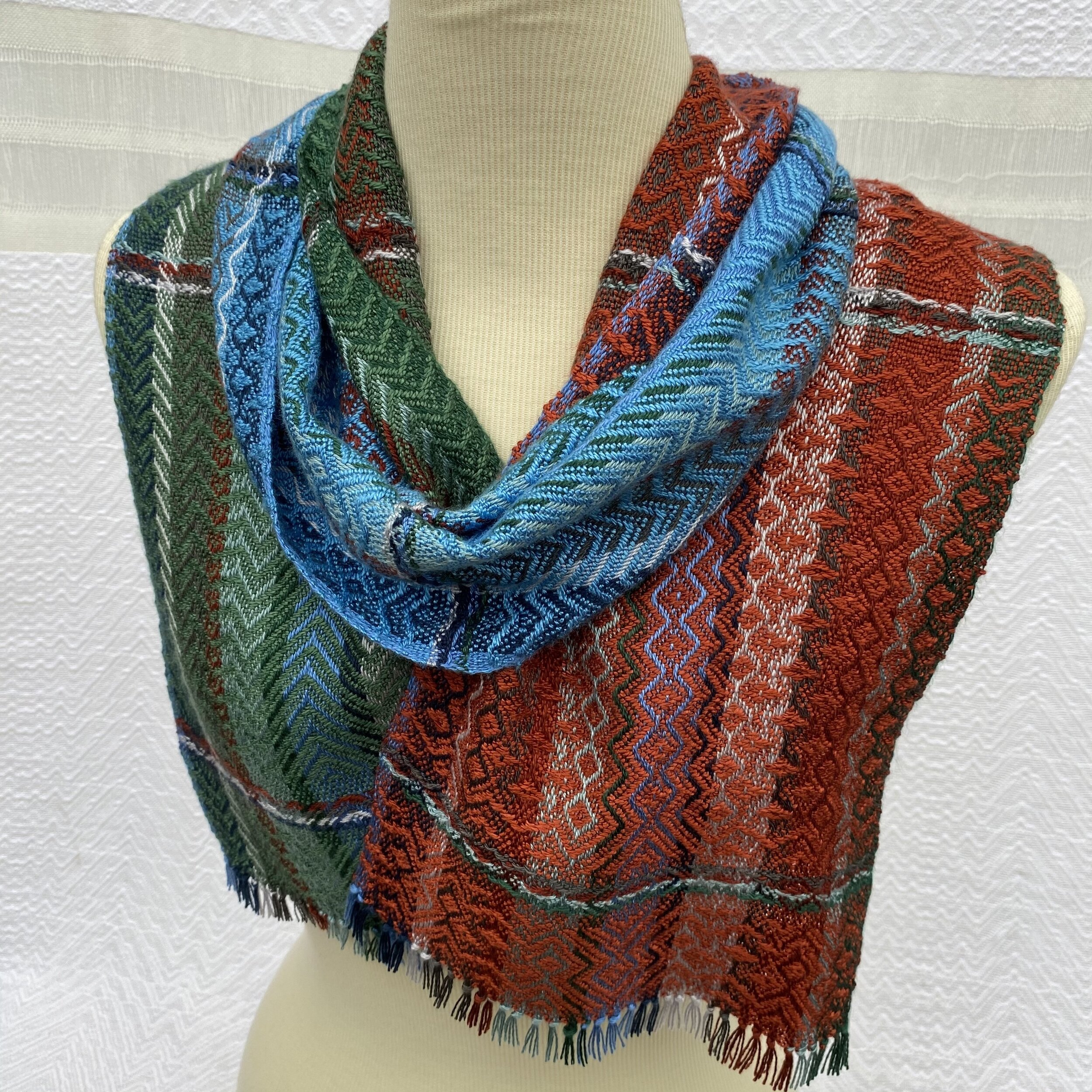  Winter Stripes with Forest, Blue and Rust Bamboo Handwoven Scarf     