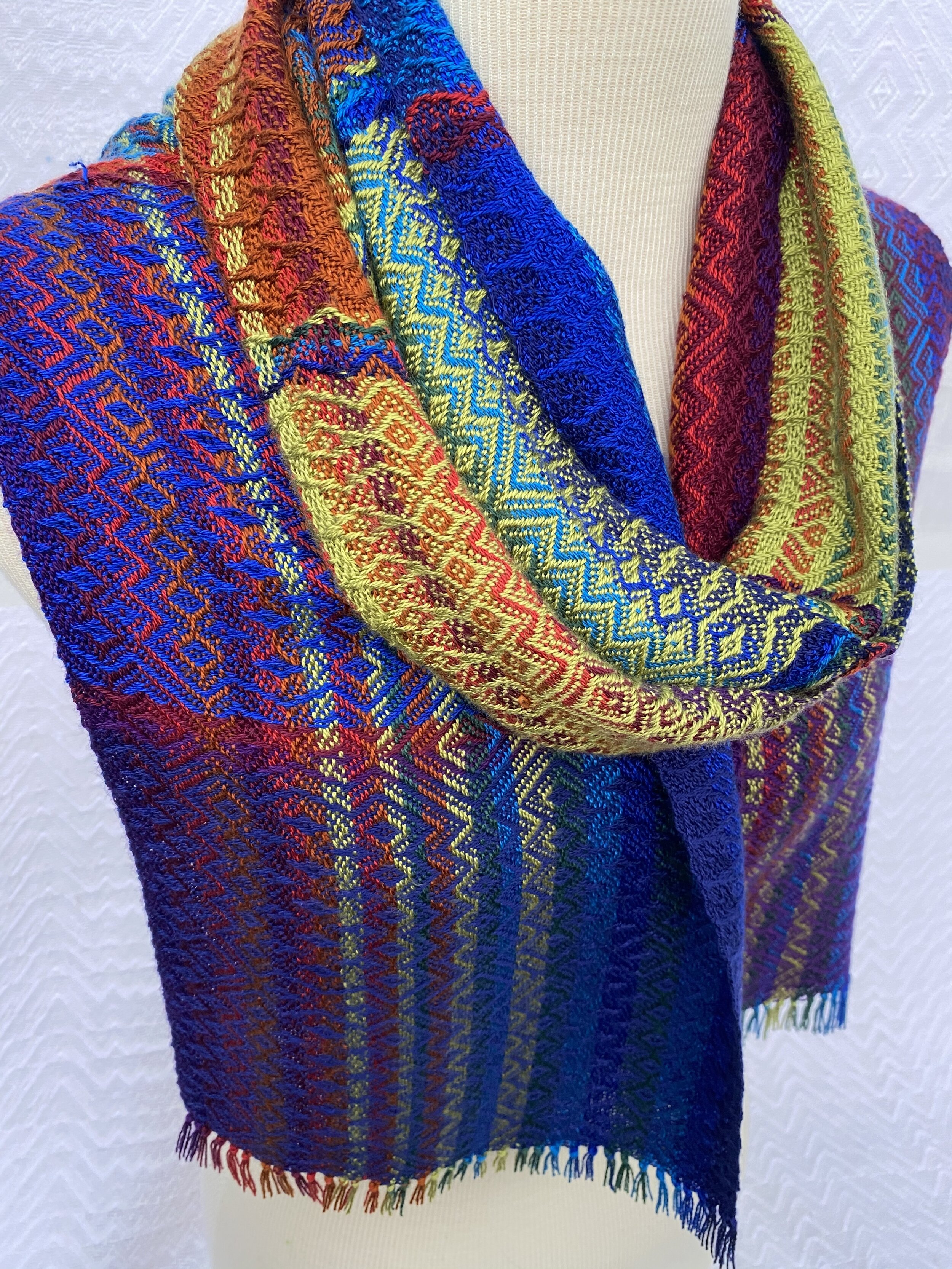  Red, Orange, Green, Blue and Purple Twill Handwoven Scarf       