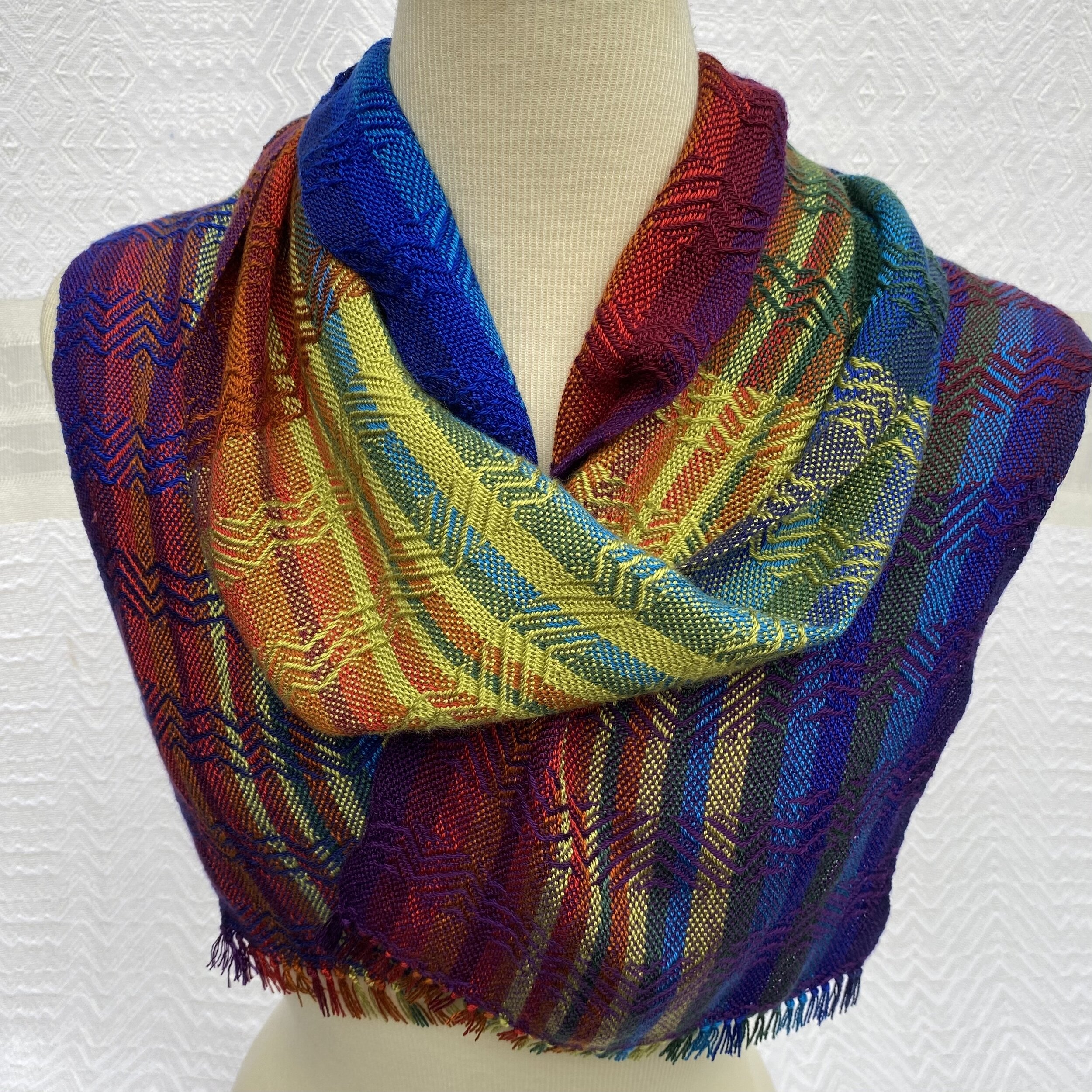  Red, Orange, Green, Blue and Purple Plain and Twill Handwoven Scarf       