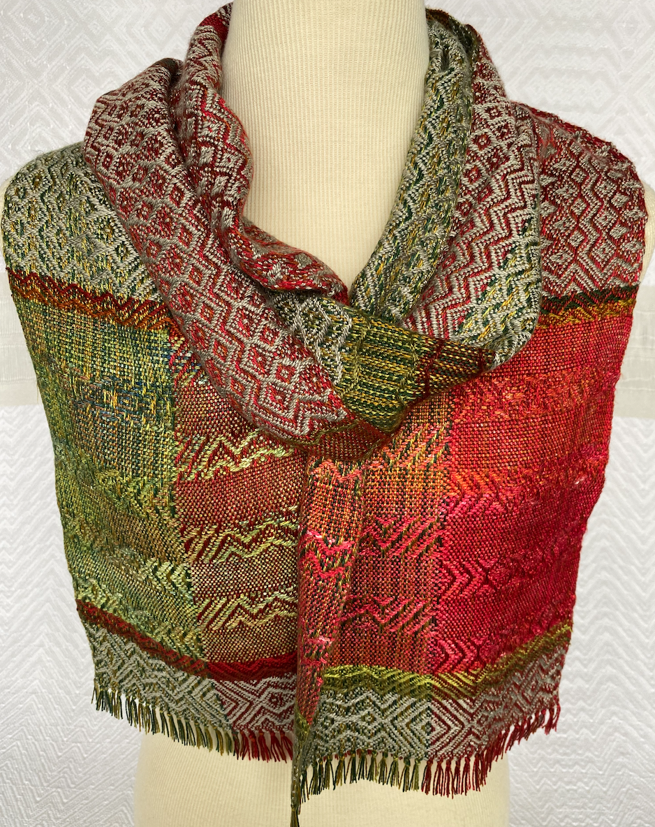  Stripes of Red and Green with Green and Red Inlay Handwoven Scarf     