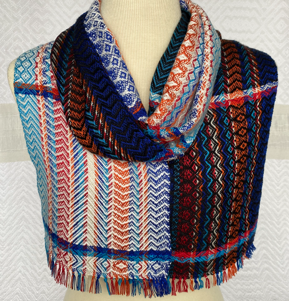  Stripes of Blue, Red, Orange and Cream with Black and White Bamboo Handwoven Scarf   