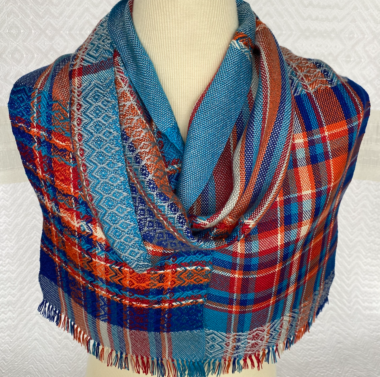  Stripes of Blue, Red, Orange and Cream Plaid with Silver Handwoven Scarf       