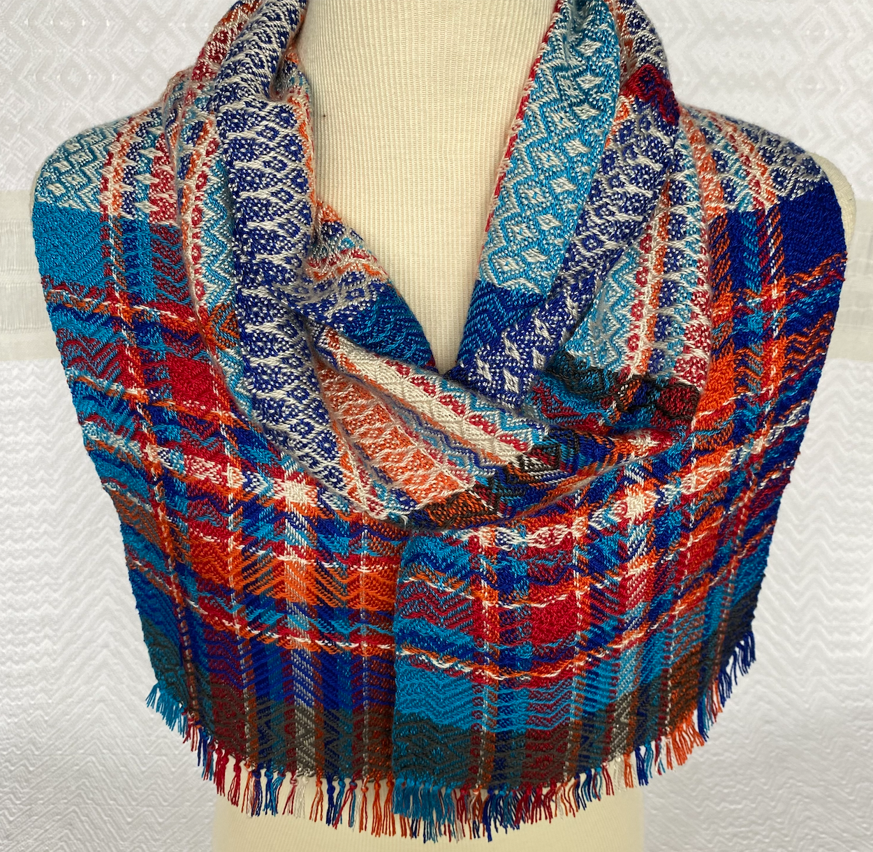  Stripes of Blue, Red, Orange and Cream Twill Plaid Handwoven Scarf   