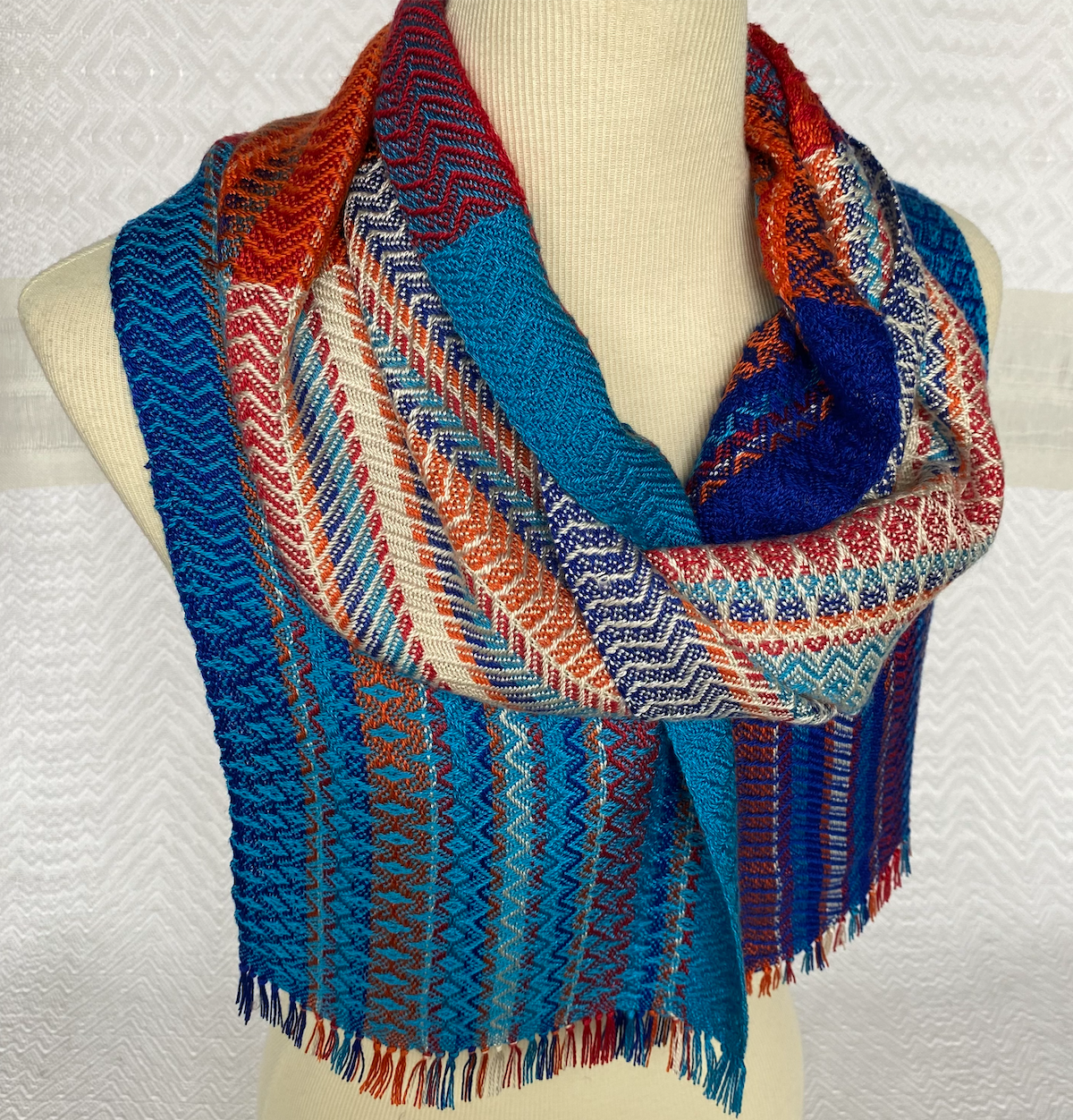  Stripes of Blue, Red, Orange and Cream Twill Handwoven Scarf   