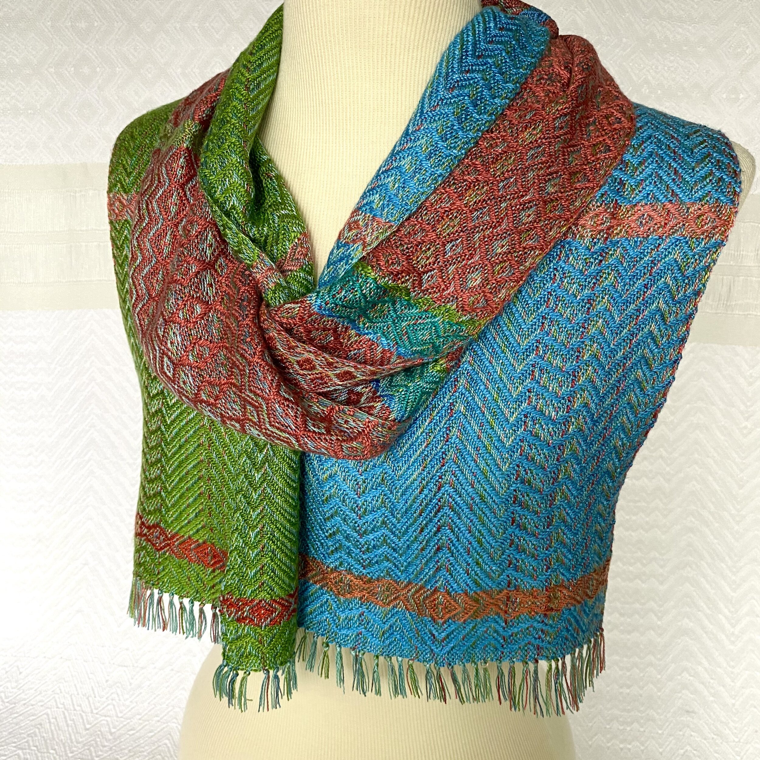  Spring Confetti with Jade Green, Coral, and Blue Bamboo Handwoven Scarf     