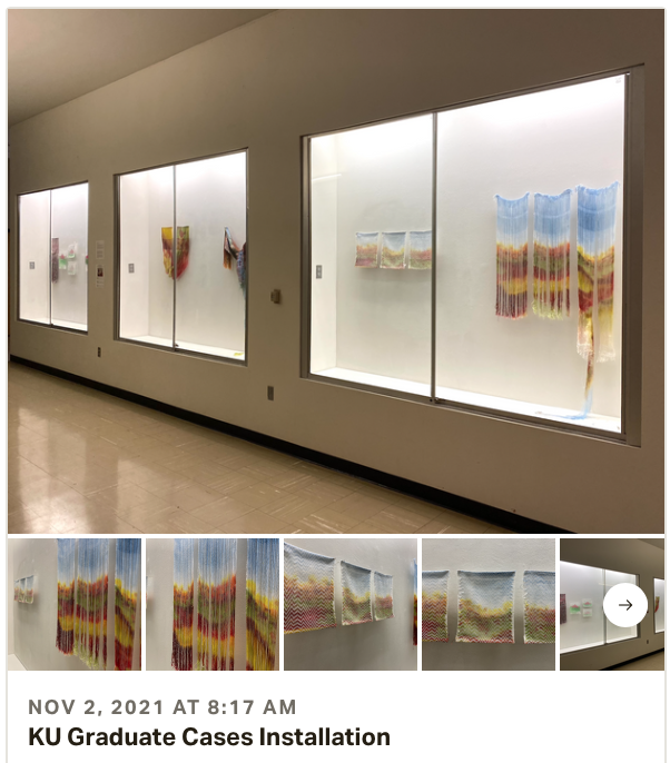   Morning friends!! I hope you are all doing well today. Happy November 2nd!! This past weekend I went to KU to take down my work both in the Graduate Cases and the Gallery. The work in the cases was up for two weeks for people to view. The gallery i