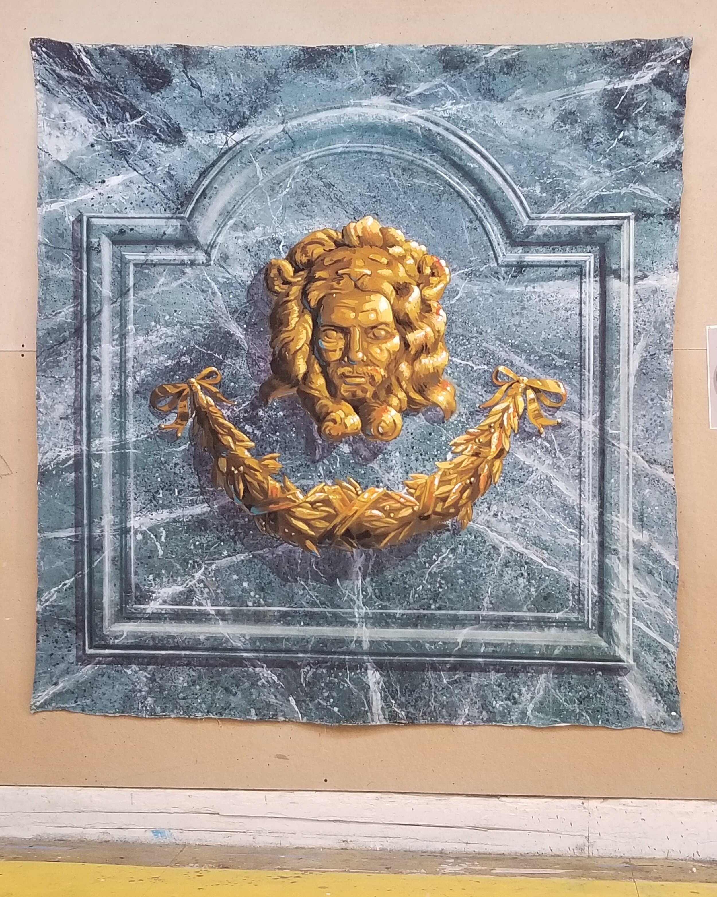 Marble and Gold Ornament Trompe l’oiel project at Studio and Forum of Scenic Art, Rosco Supersats on muslin drop