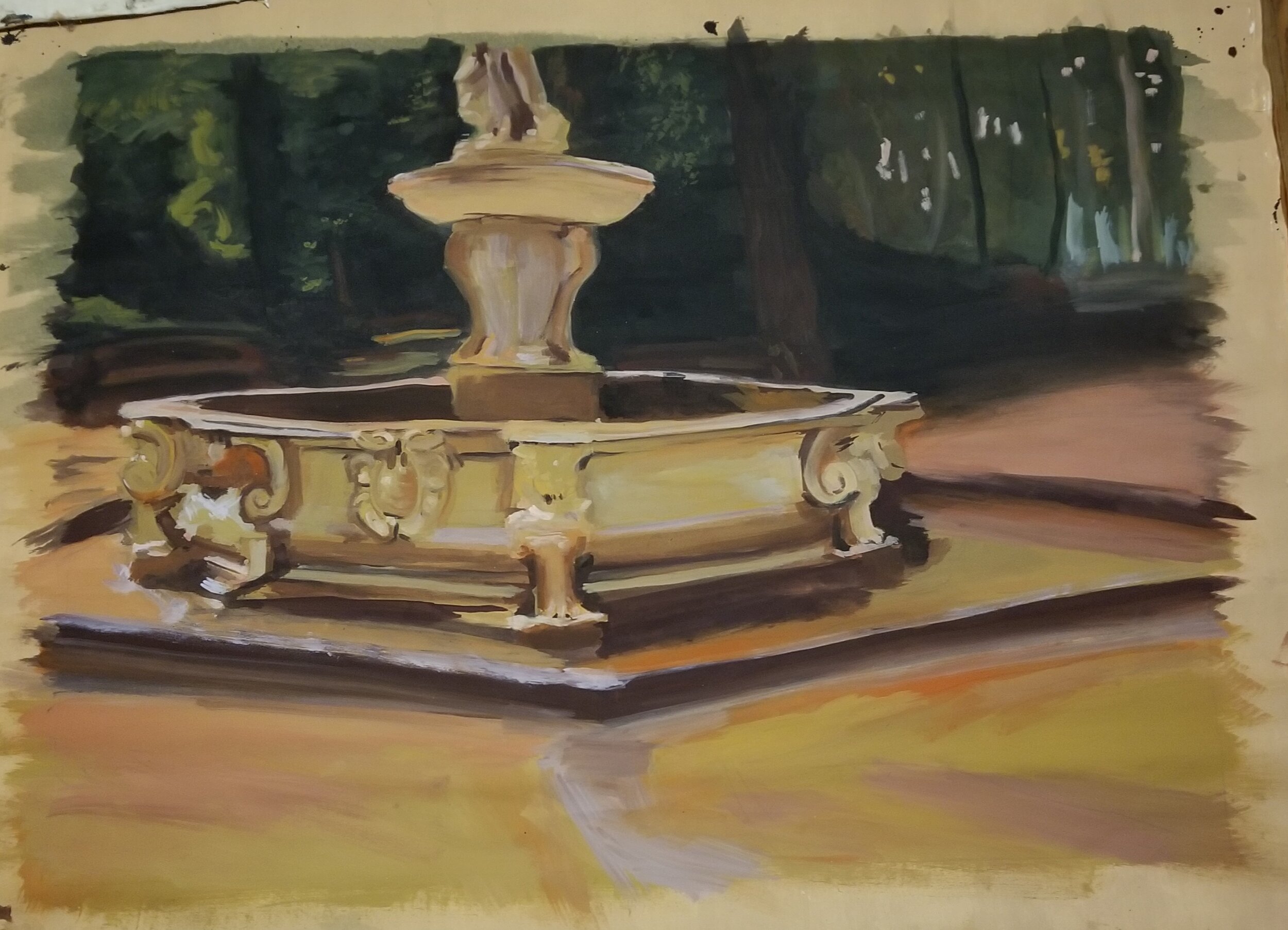 7 hr speed painting + grid and cartoon, copy after A Marble Fountain at Aranjuez-Spain by John Singer Sargent, Rosco supersats on muslin