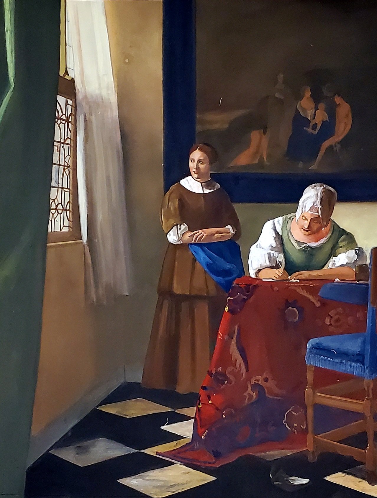 Woman Writing a Letter, With her Maid , copy after Vermeer, Rosco supersat on canvas, 5’ x 3’