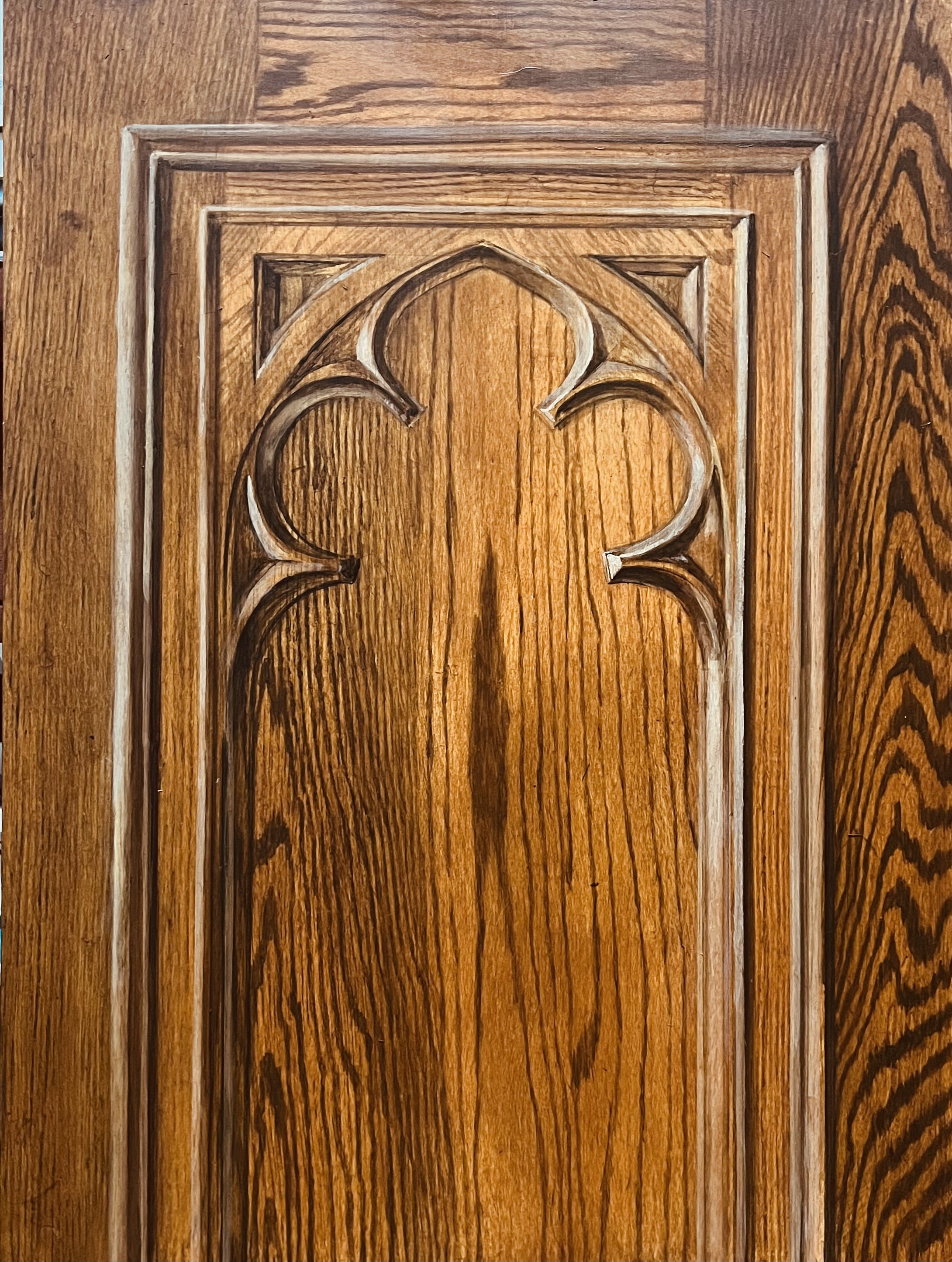 Faux wood grain and trompe l’oeil sample, acrylic on panel