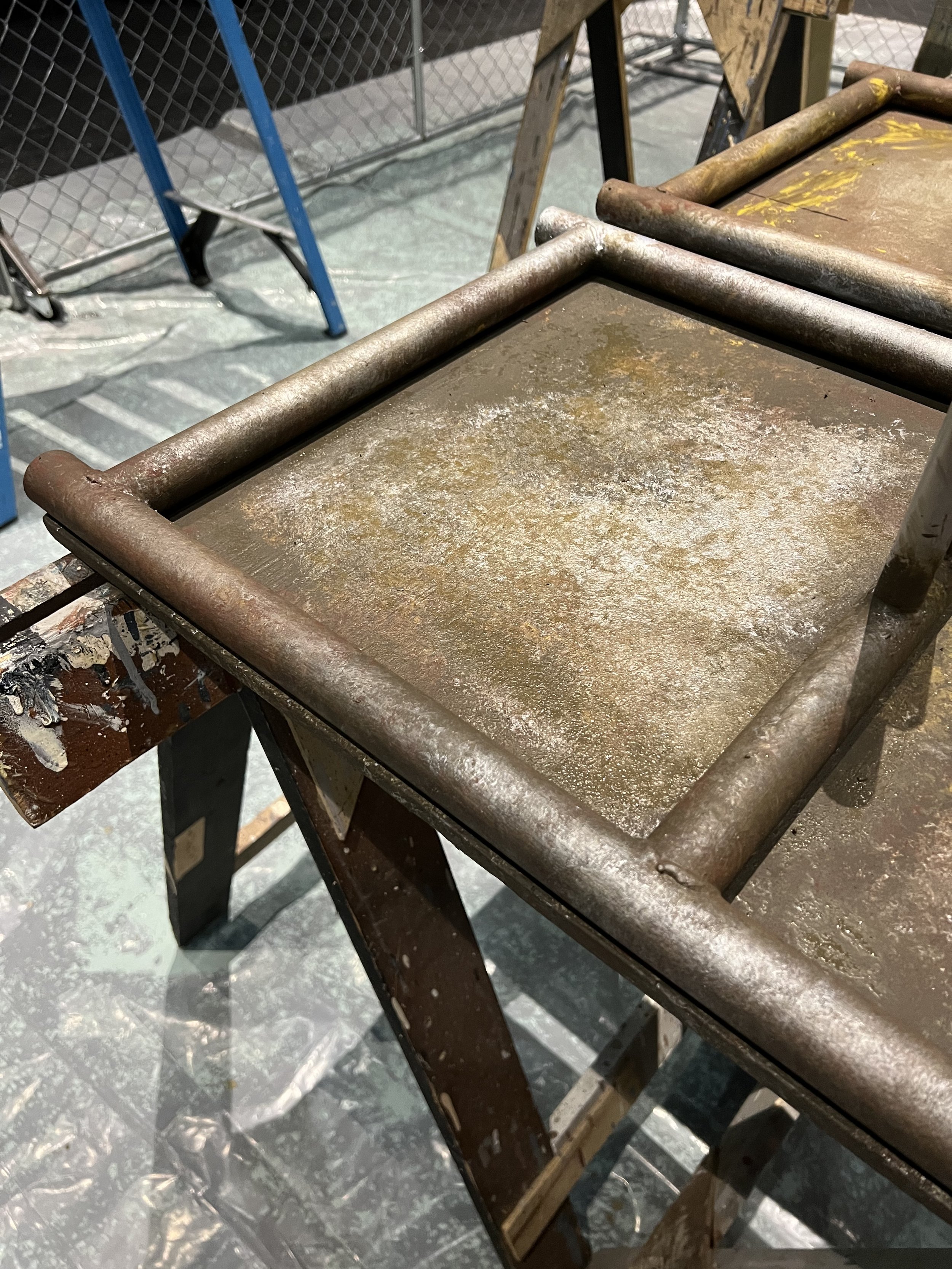 Faux rust, Rosco supersats and Modern Masters metallic paint on wood, wet on wet process