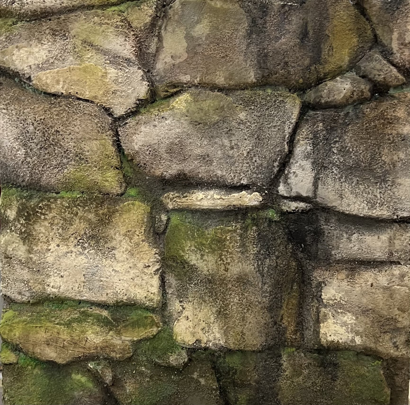 Carved Rubble Stone, 1"x24"x24" foam, Tinted Structo-Lite, Elmer's Glue, Rosco Off-Broadway paint