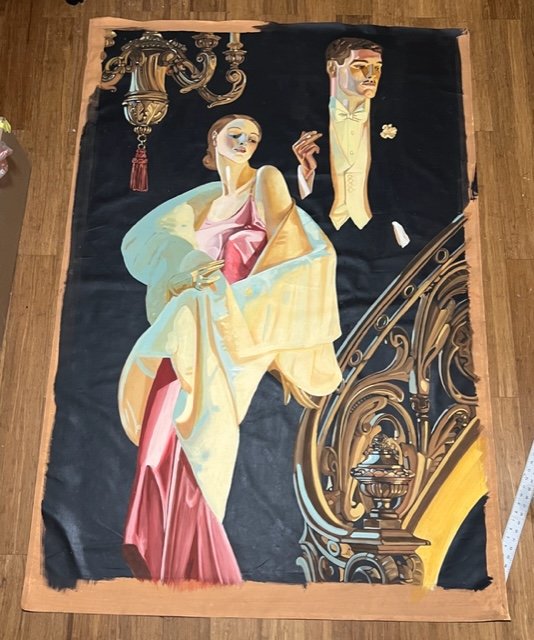 "Couple Descending a Staircase," copy after Leyendecker, painted canvas, acrylic