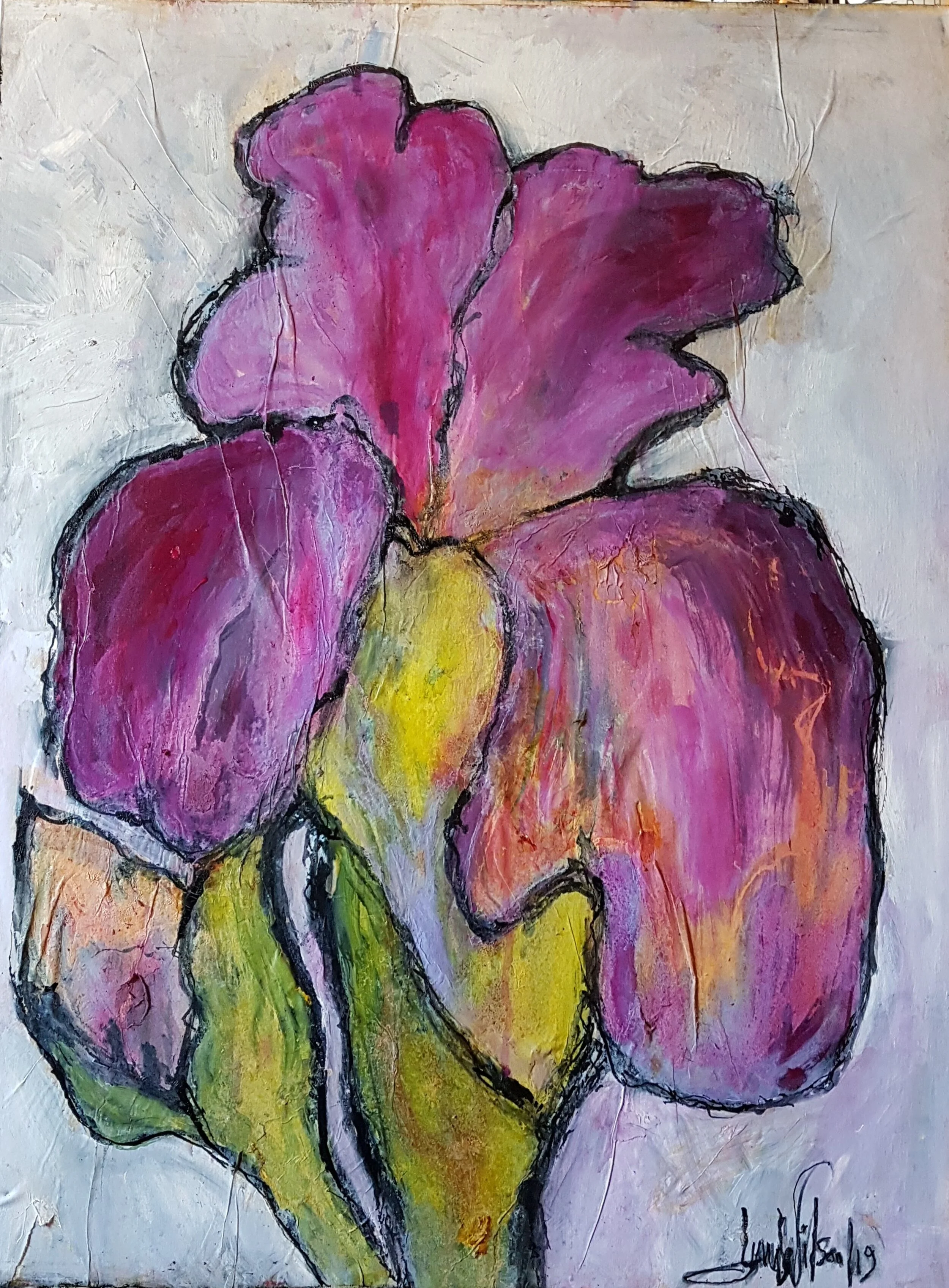 Iris Mixed Media on Newsprint mounted on to wood cradleboard panel (2).jpg