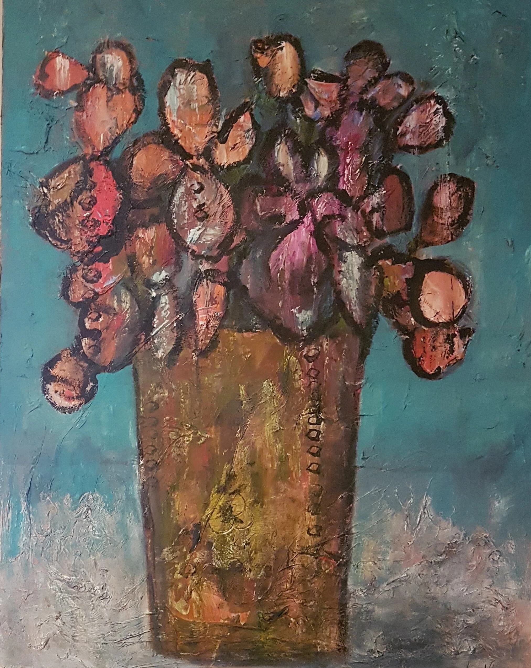 Abstract Flowers in Vase Highly Textured Teal background June 2019.jpg