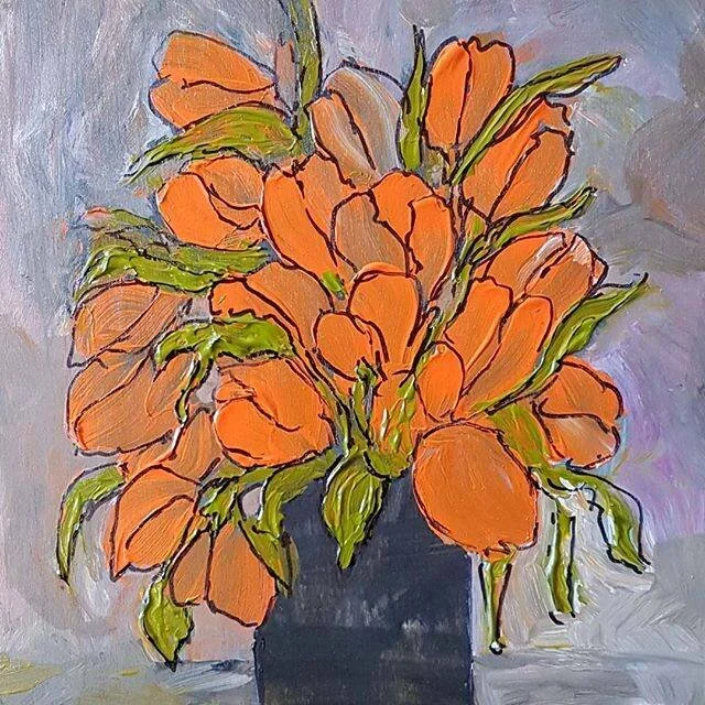 Orange Flowers with sage green leaves in black vase with gray background black highlighting around flowers and leaves on wood panel board.jpg