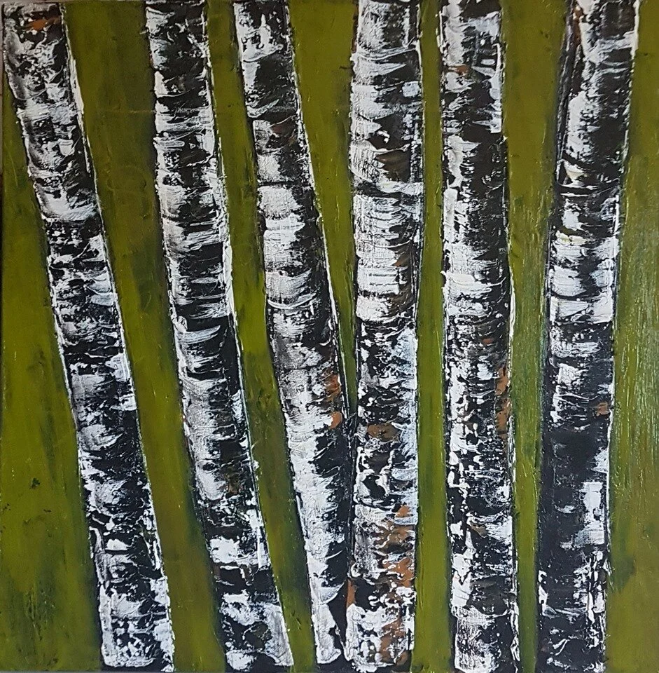 Birch Tree Trunks textured and on green textured background May 2019.jpg