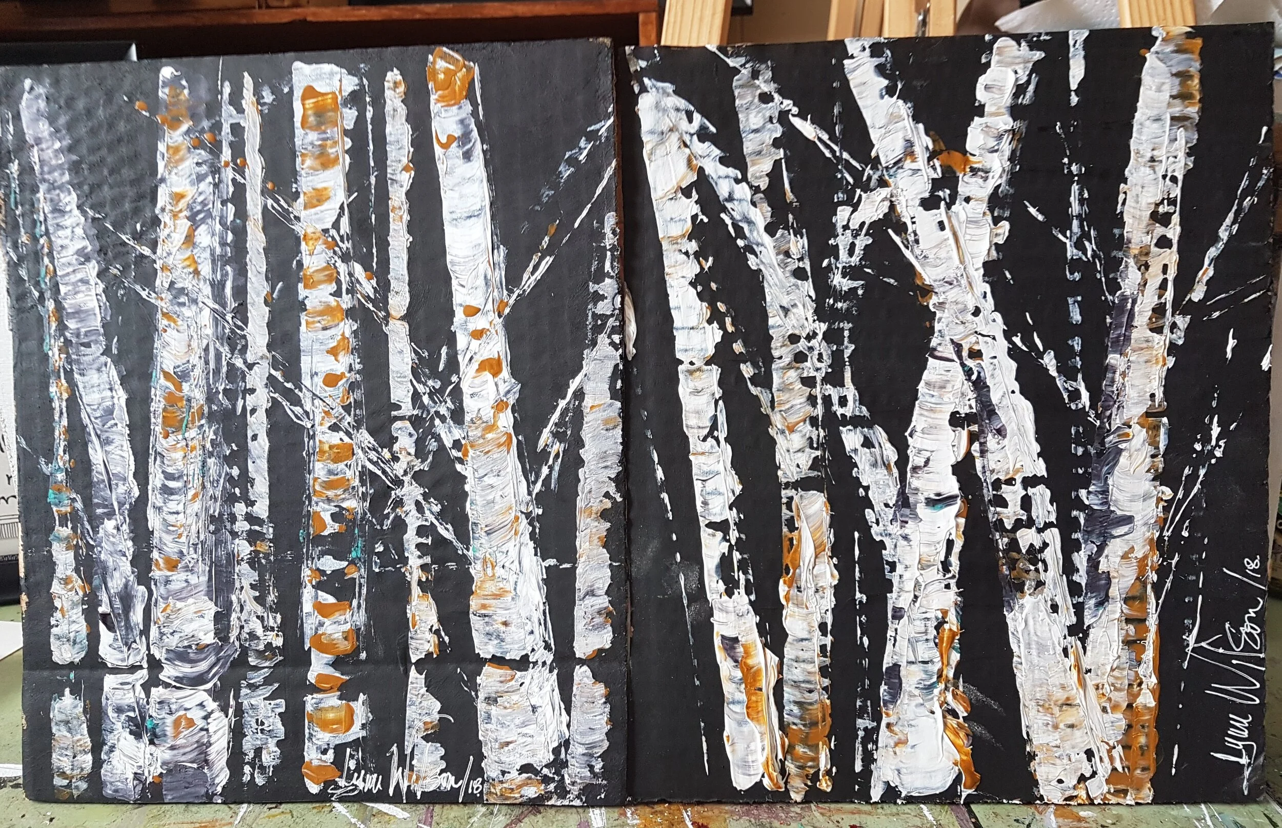 Birch Trees Black White some blue on Black background on cardboard painted with credit card .jpg